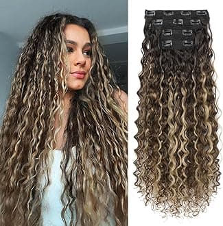 LONAI 4PC Clip in Hair Extensions, 100％ Pure Protein Silk Curly Hair Extension for Women, 26 Inch Long Soft Natural Hair Extensions-Medium Brown Ash Blonde Highlight