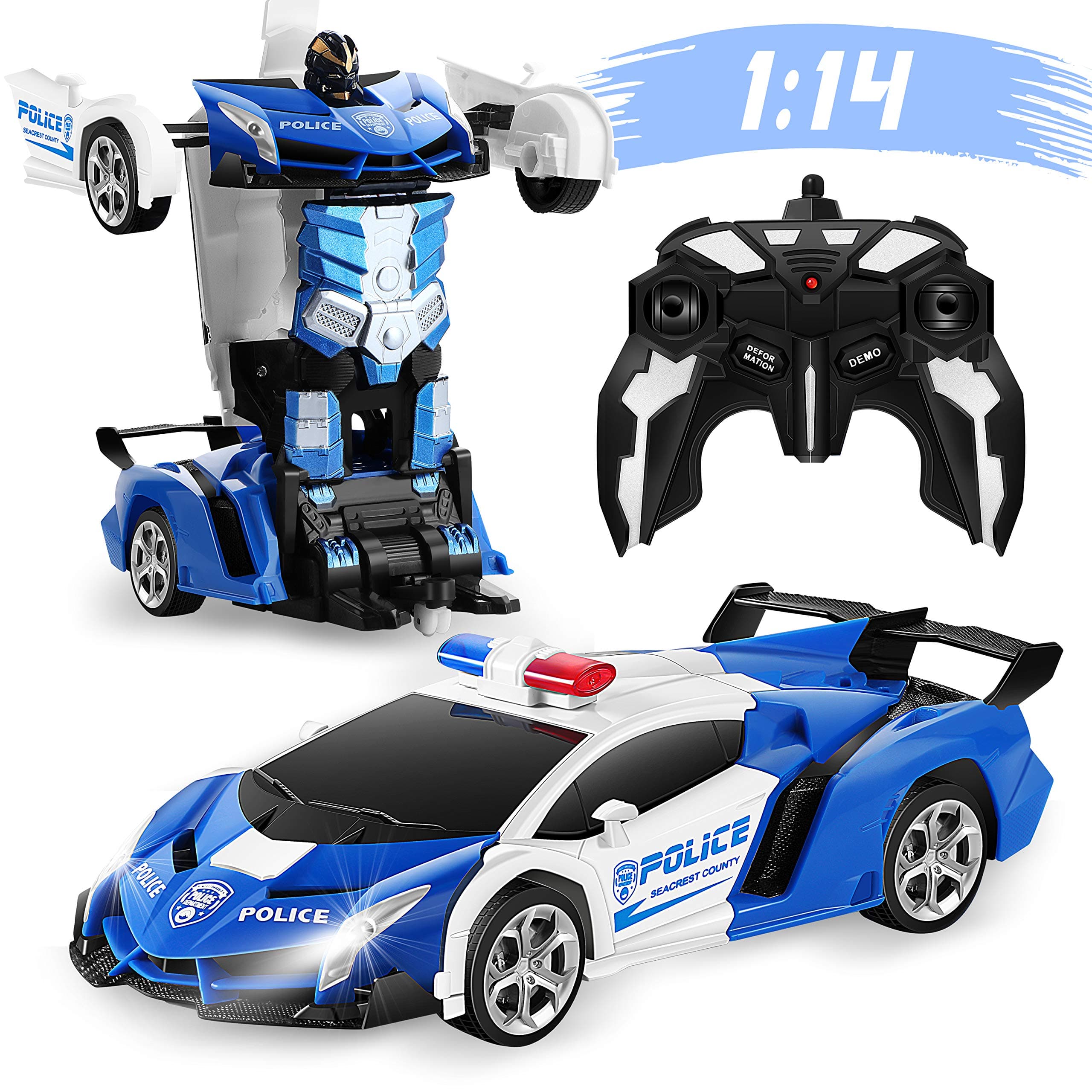 FIGROL Transform RC Car Robot 1:14 Scale, Remote Control Car One Button Deformation Car Toy RC Transforming Police Car with 360 Degree Rotating Drifting & Realistic Sounds