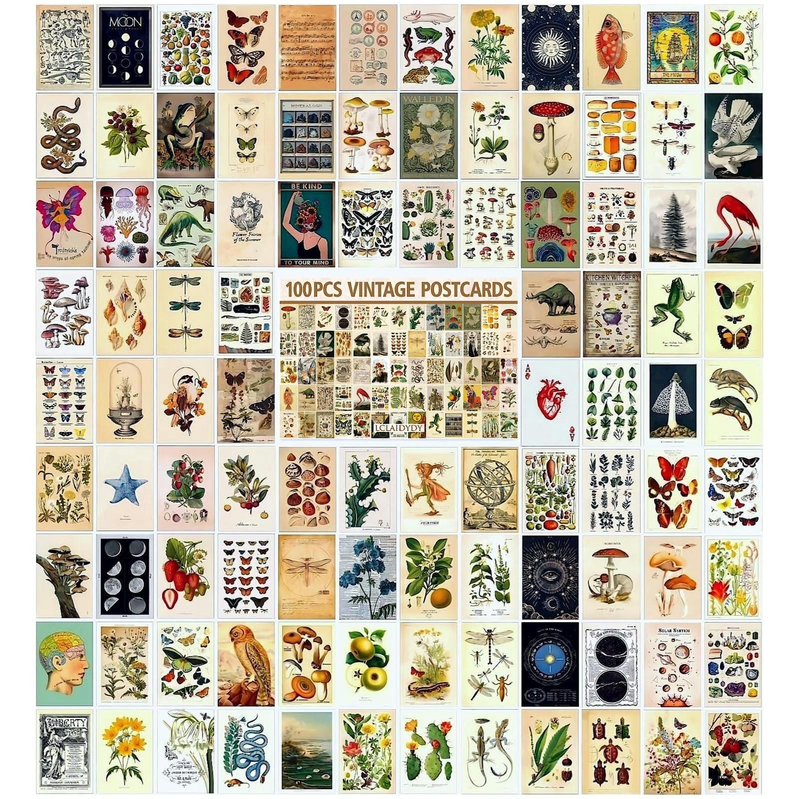 100 PCS Vintage Postcard Set,Post Cards for Mailing 4x6 Retro Style Cottagecore Botanical Ephemera Aesthetic Postcards Pack for Adults Collage Collection DIY Cardstock Paper