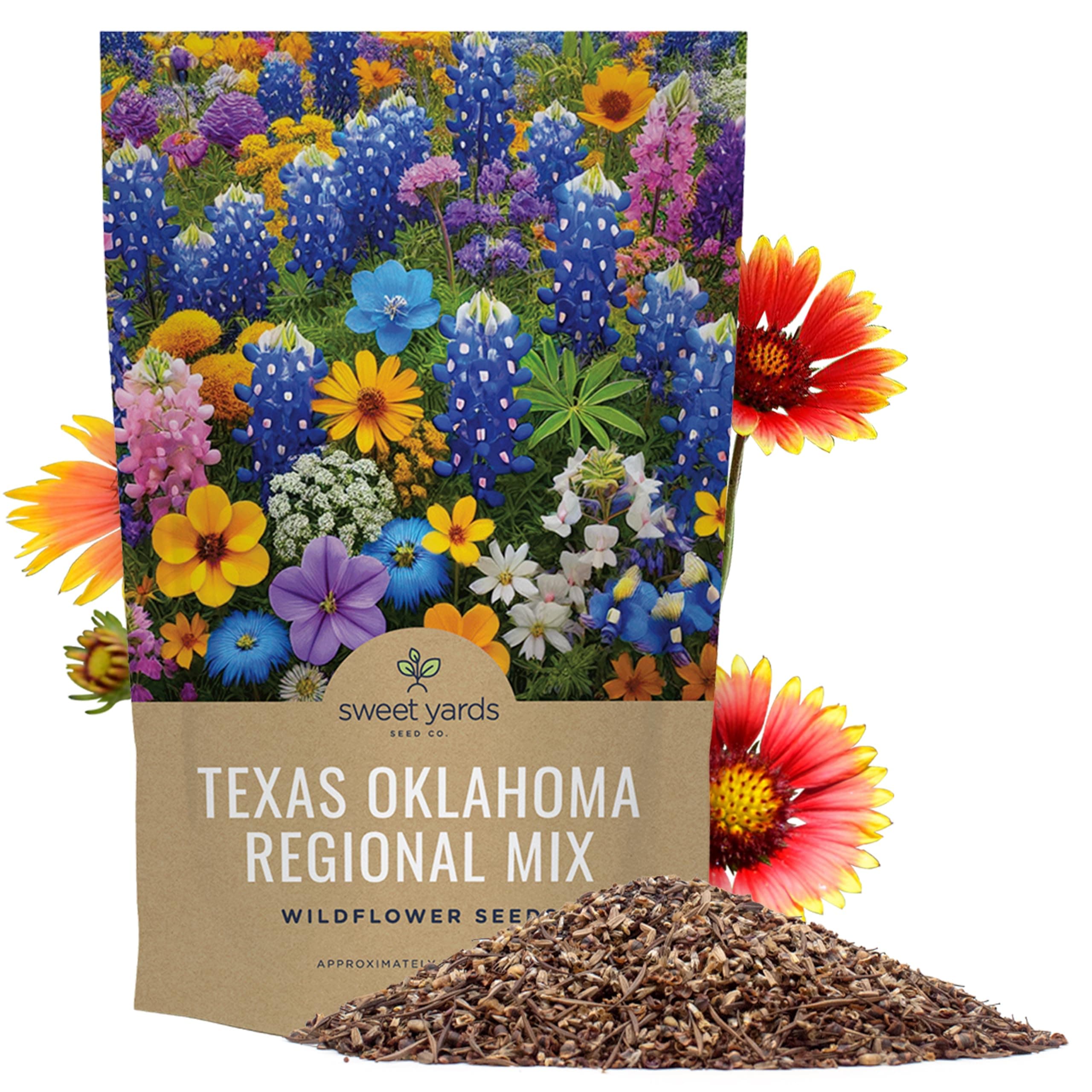 Texas Oklahoma Wildflower Seeds Mixture - Bulk 1/4 Pound Bag - Over 60,000 Native Seeds - Open Pollinated and Non GMO