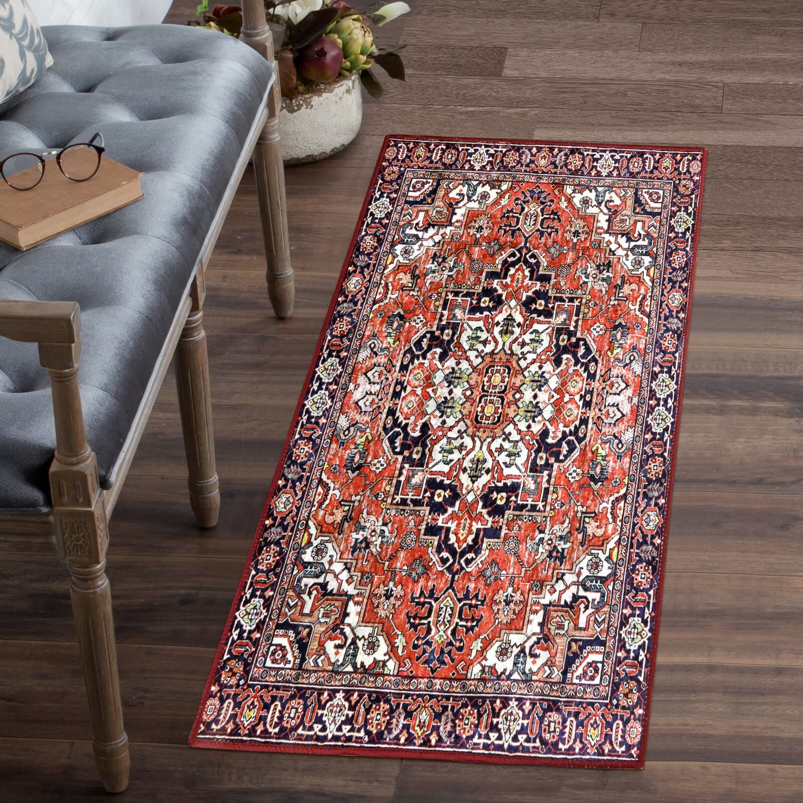 Oriental Medallion Kitchen Rug Runner, 2x4 Red Hallway Kitchen Runner Rug Non Slip Small Entryway Throw Rug for Laundry Room Hallway Bedroom Bathroom Rug Runner Carpet (Red, 2x4ft)