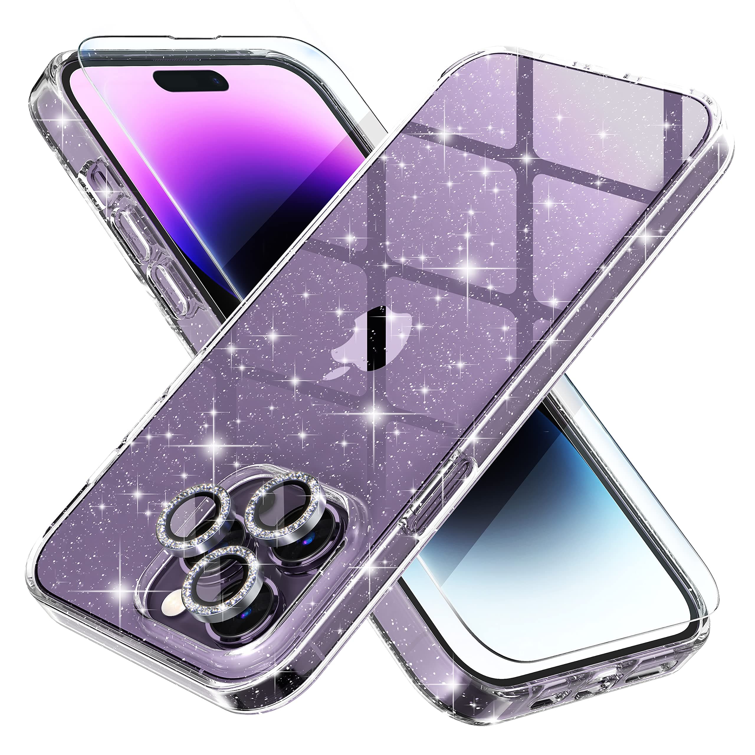 Choiche Compatible for iPhone 14 Pro Max Case Women Phone Case, Cute Bling Sparkly, Military Grade Protection, 3 Diamond Camera Lens Covers, 2 Tempered Glass Protectors, 6.7 inch (Glitter Clear)