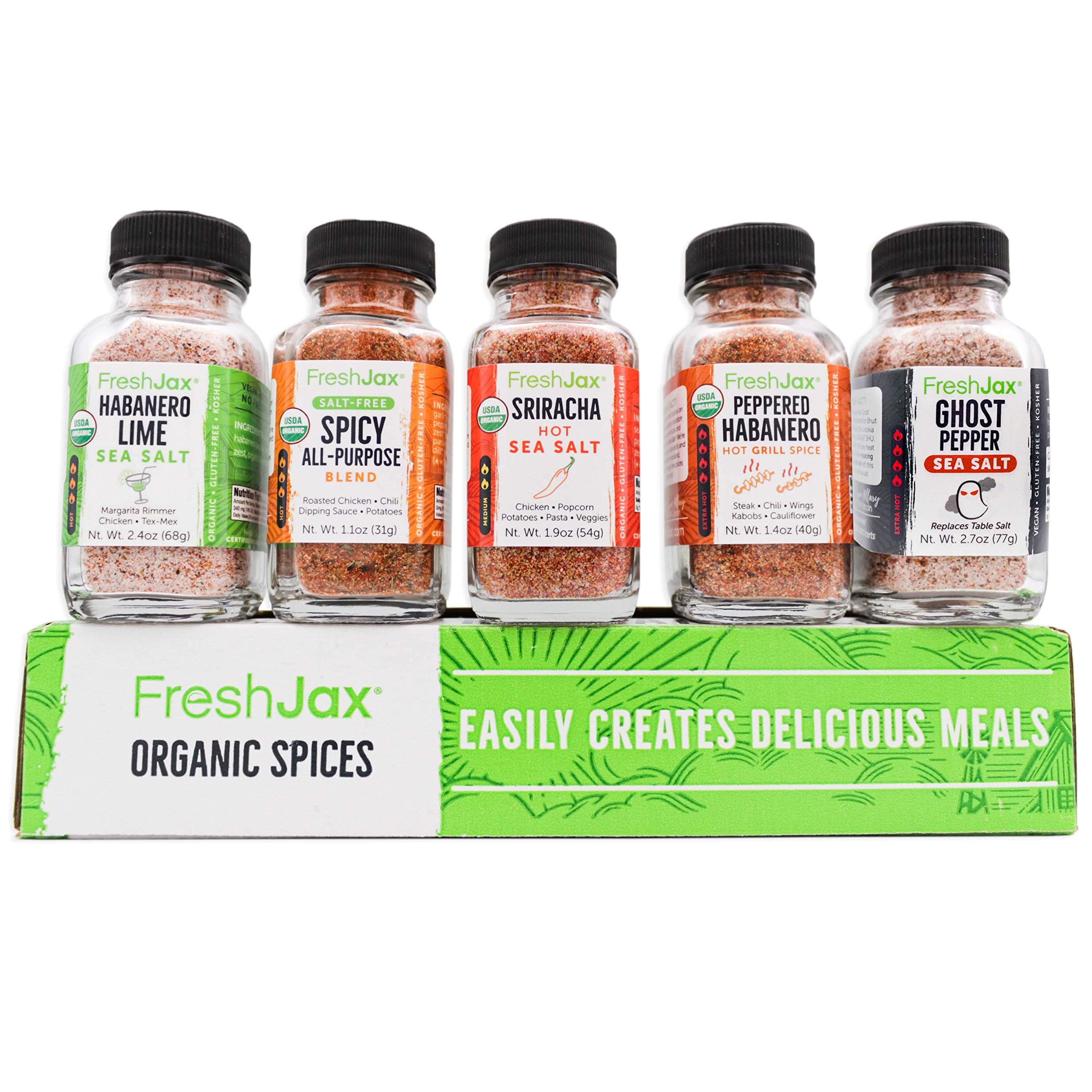 FreshJax Hot & Spicy Seasoning Gift Set | 5 Sampler Sized Organic Hot & Spicy Seasoning Set | Grilling Christmas Gifts for Men | Spices and Seasonings Sets for Cooking Packed in a Giftable Box