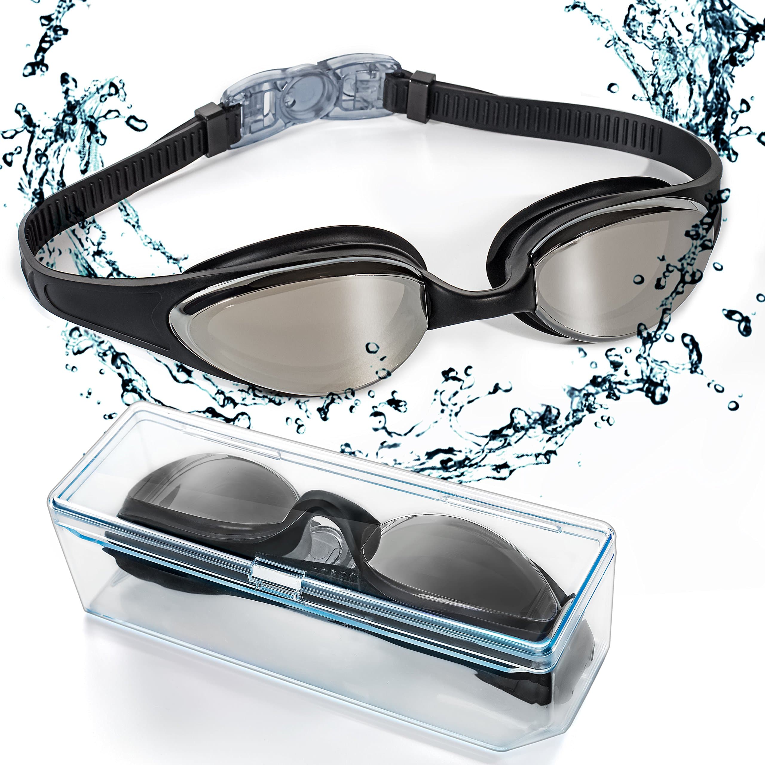 Swim Goggles with FREE Protective Case - EveShine Mirrored Non Fogging Anti-UV Swimming Goggles for Adult Men Women Youth Kids Child - Black