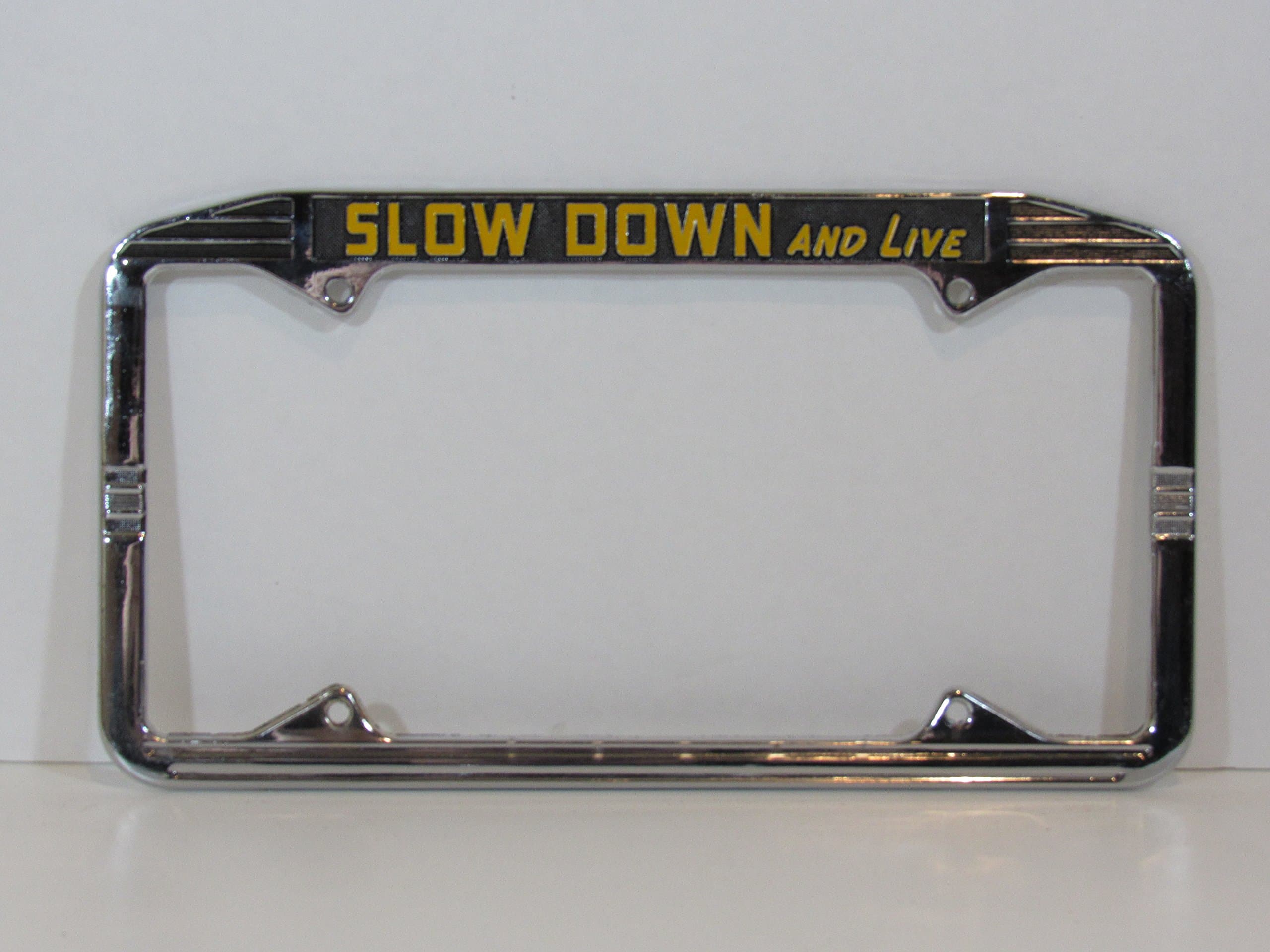 Nor Cal Speed Art Deco Slow Down and Live License Plate Frame Metal Chrome