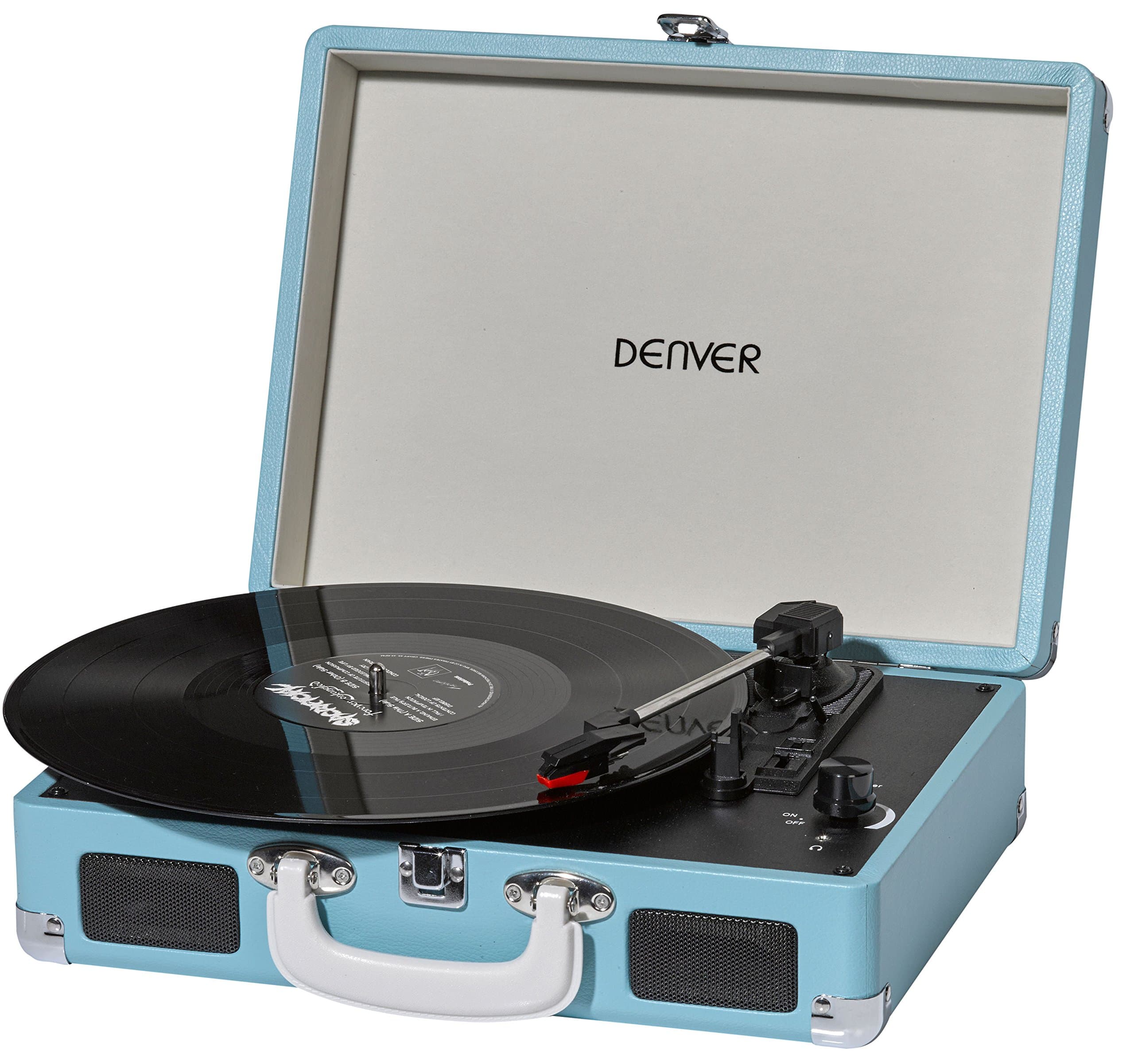 Denver VPL-120 Turquoise/Light Blue 3 Speed Vinyl Record Player with Stereo Speakers, Suitcase/Briefcase Style