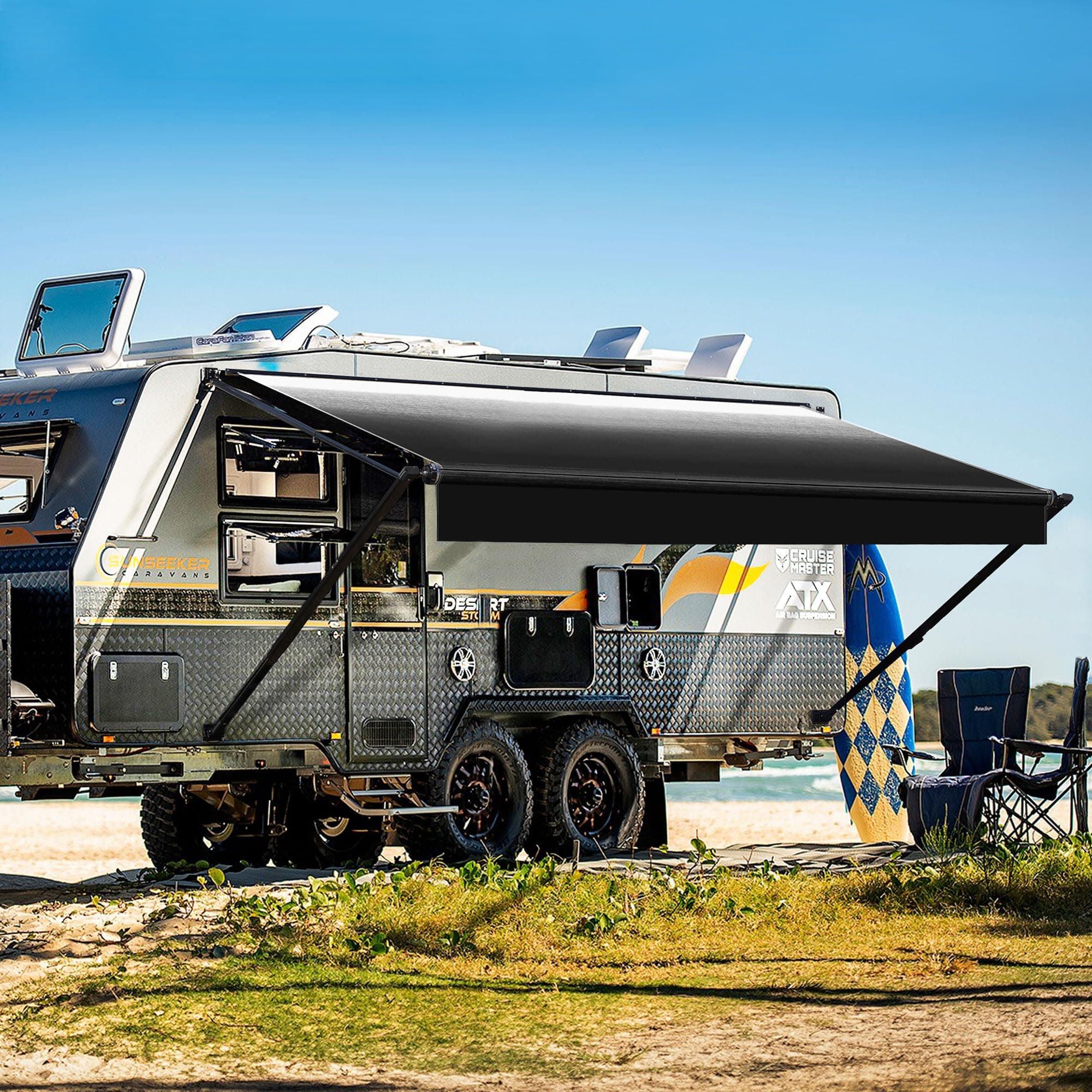 Manual RV Awning Complete Kit Retractable Camper Awning for RV or Trailers RV Roll Out Awning RV Trailer Awning for Camper or 5th Wheel,Toy Haulers,Motohome(15Ft,Black Frame,Black Fade)