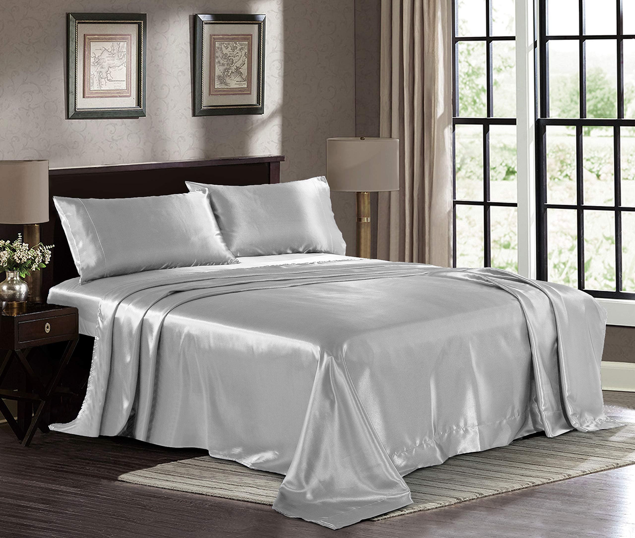 Satin Sheets Cal-King [4-Piece, Grey] Hotel Luxury Silky Bed Sheets - Extra Soft 1800 Microfiber Sheet Set - Deep Pocket Fitted Sheet, Flat Sheet, Pillow Cases