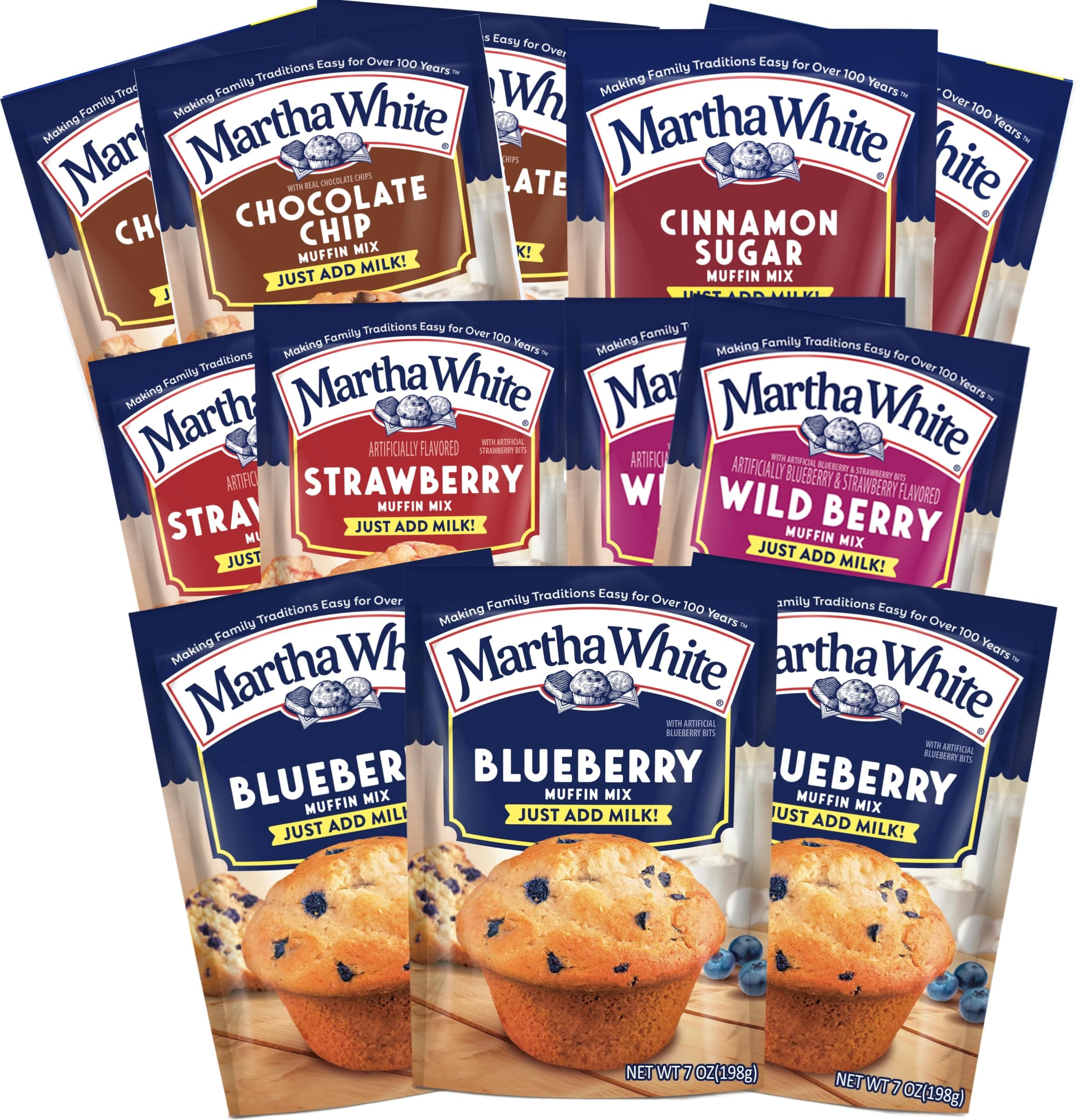 Martha White Muffin Mix Sampler Variety Pack, Pack of 12, Chocolate Chip, Blueberry, Strawberry, Cinnamon Sugar, Wildberry, Just Add Milk