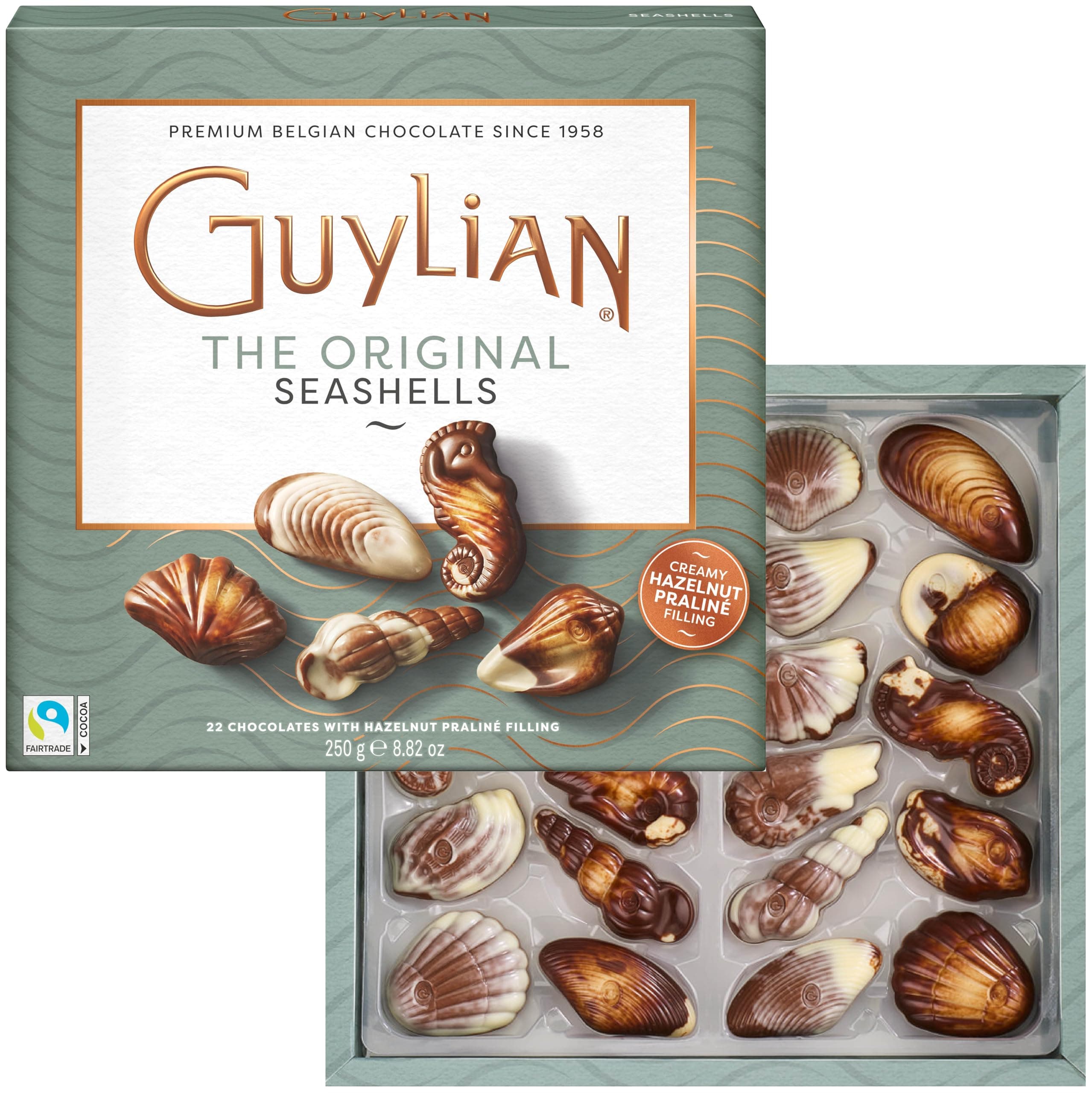 Easter Chocolate Candy Seashells, 8.82 oz, 22 pc Gourmet Hazelnut Praliné Truffles by GuyLian, Assorted White & Milk Belgian Chocolate, Easter Basket Stuffers for Adults, Gifts for Kids