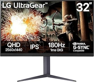 32" Ultragear QHD (2560x1440) Gaming Monitor, 180Hz, 1ms, IPS, DisplayHDR 400, NVIDIA G-SYNC Compatible, AMD FreeSync, VESA Adaptive Sync, HDR10, Tilt/Height/Pivot Stand, HDMI, DisplayPort, Black