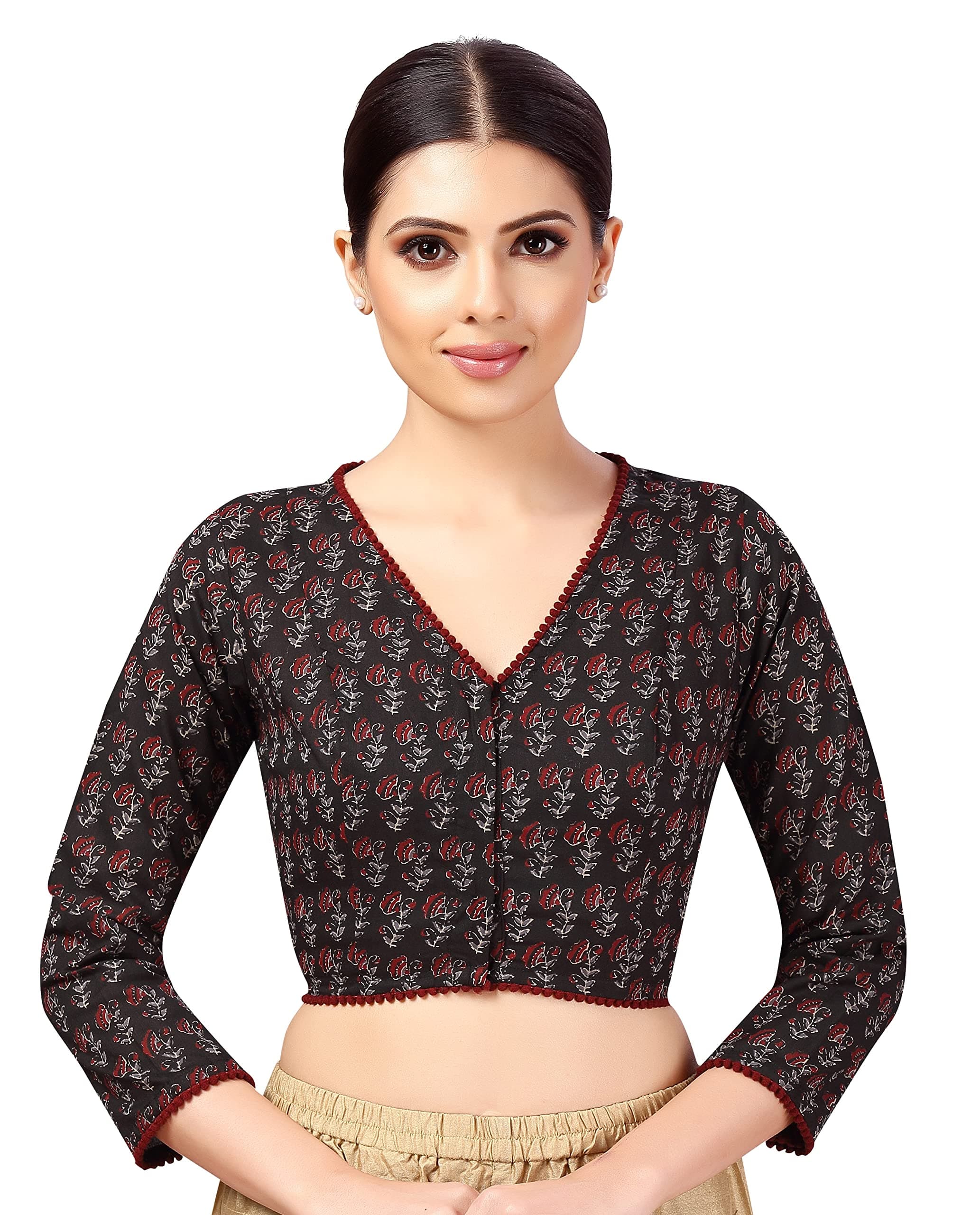 Studio Shringaar Women's Cotton 3/4 Sleeves Block Printed Cotton V Neck Saree Blouse