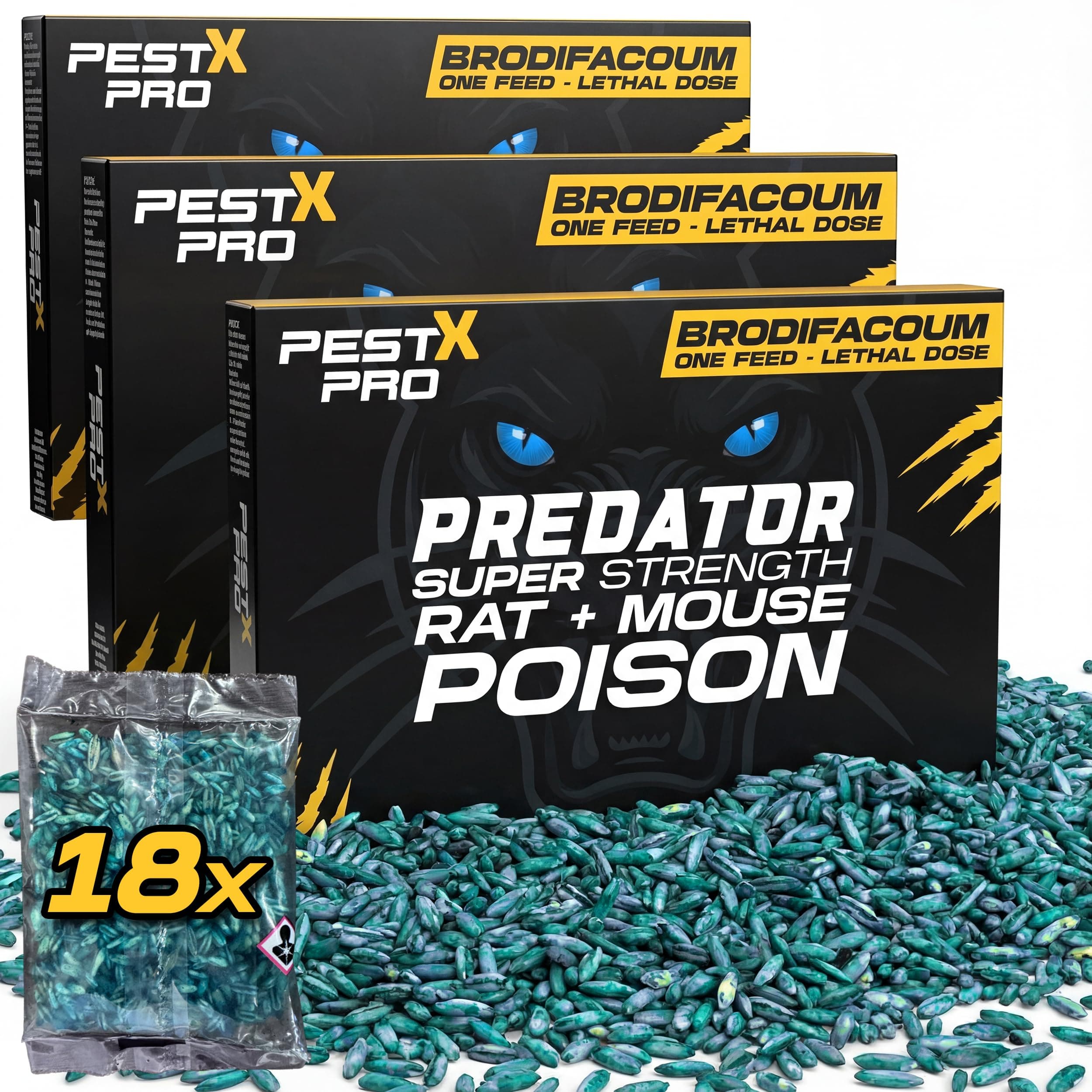 Pest X Pro Predator Rat Poisoning Super Strength (18 Pack) - Powerful Single Feed Rat Killer & Mouse Poison - Brodifacoum in Easy To Use Sachets - Indoor & Outdoor Rodent Control