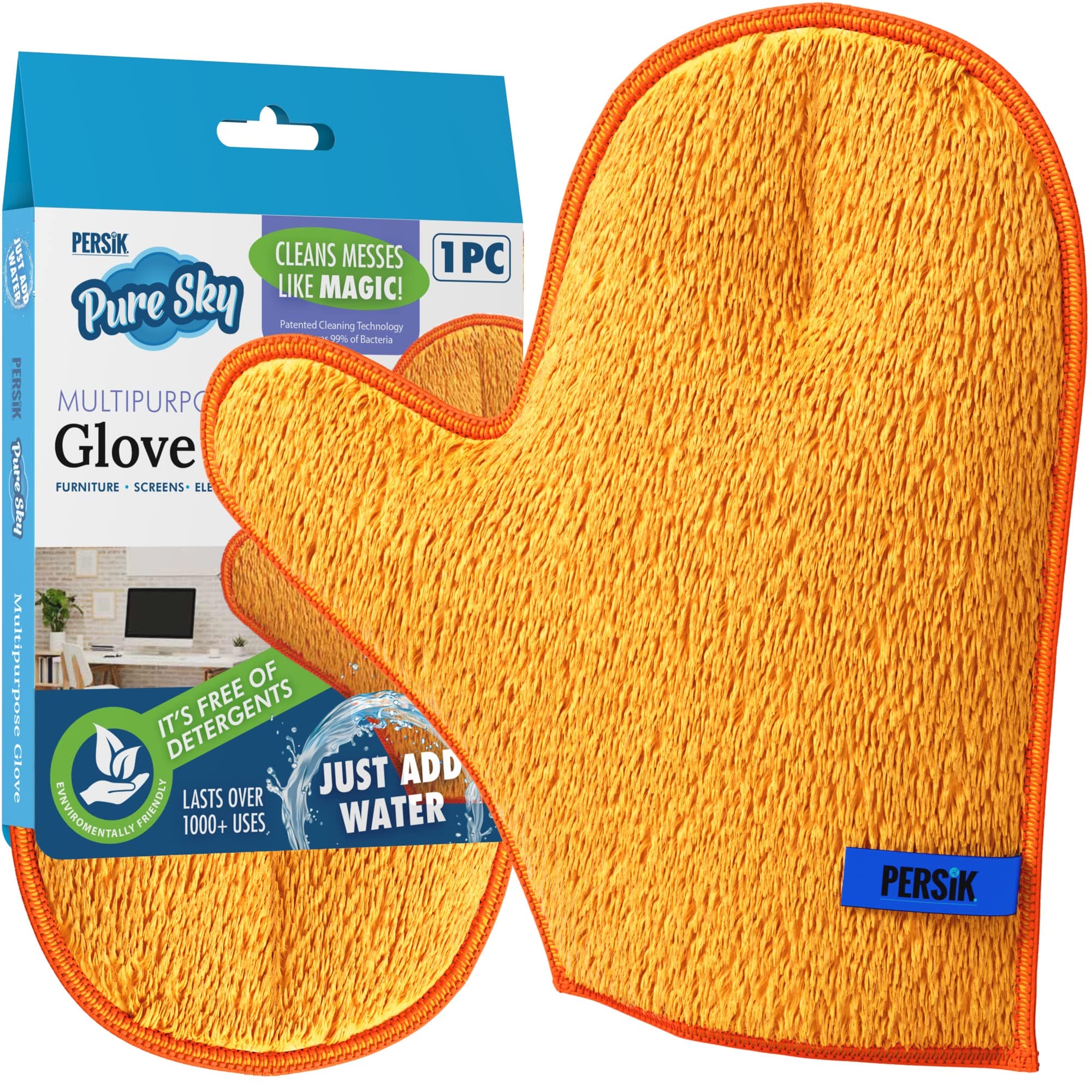 persik Pure-Sky Microfiber Glove Dusting Mitt - Ultra Microfiber Cleaning Cloth Glove - JUST ADD Water No Detergents Needed - Use for Cleaning Furniture, Home