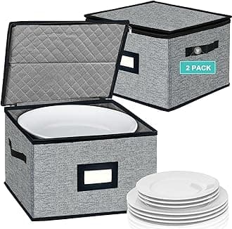 homyfort China Storage Containers - Dinner Plate Storage with Lid, Handles, Hard Shell Dinnerware Protectors for Moving Bowls, Saucer, Padded Protective Storage, 12x12, 2 Pack