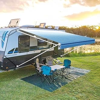 YESCAMP Manual RV Awning Complete Kit Retractable Camper Awning for RV or Trailers RV Roll Out Awning for Camper or 5th Wheel,Travel Trailers,Toy Haulers,Motohome(12Ft,White Frame,Blue Fade)