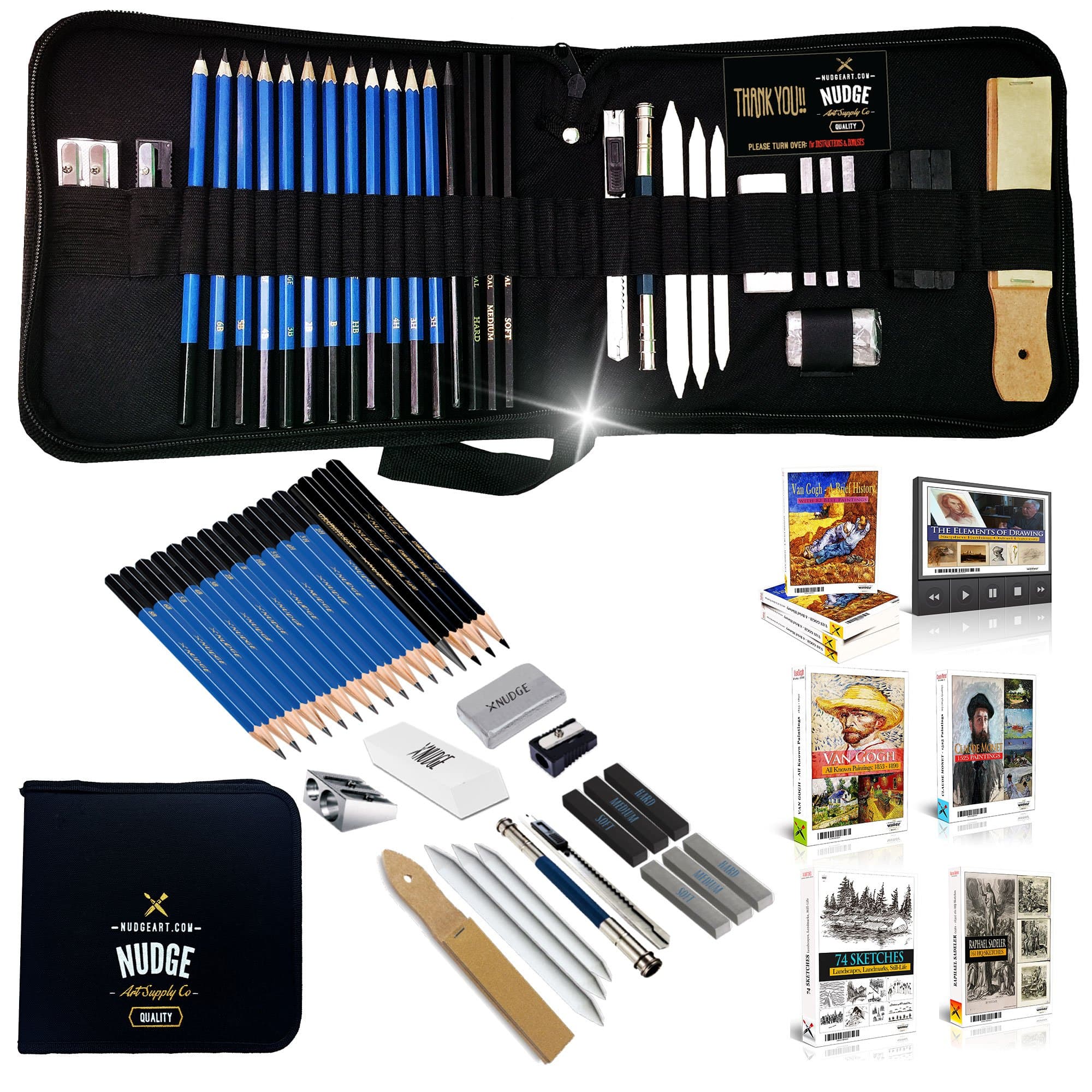 NUDGE Da Vinci 33 Piece Sketch & Drawing Pencils Studio - Includes Graphite & Charcoal Pencils, Sticks and Tools