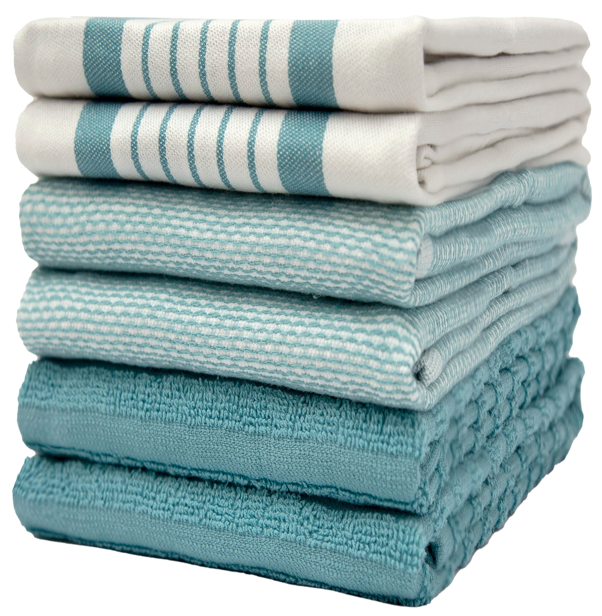 Premium Kitchen Towels (20”x 28”, 6 Pack) | Large Cotton Dish Towels | Flat & Terry Highly Absorbent Kitchen Linen Set with Hanging Loop | Aqua