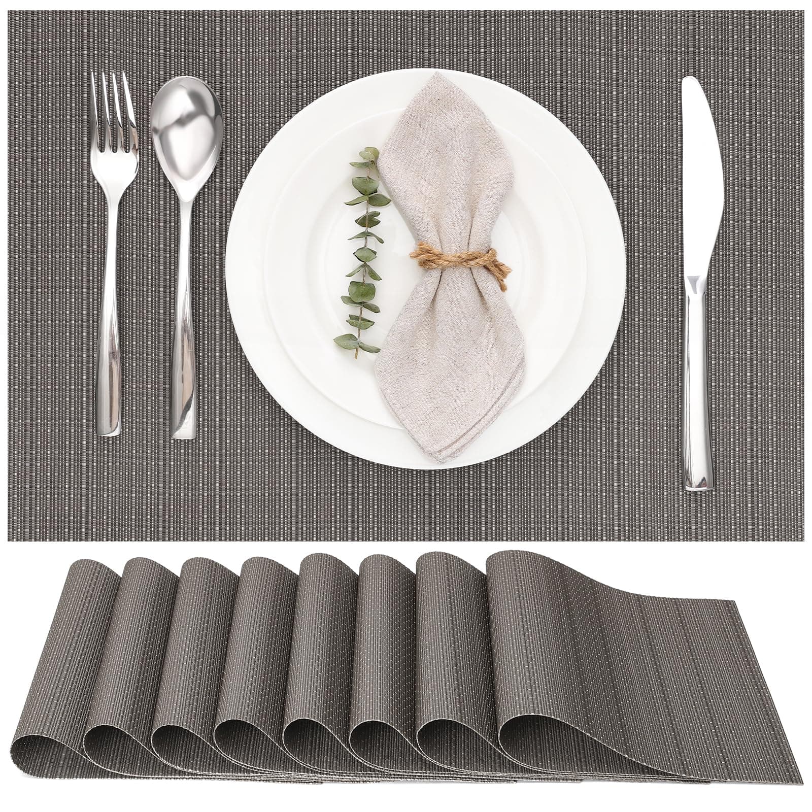 Myir JUN Table Mats Set of 8, Place Mats Table Placemats Washable Non-slip Heat Insulation Woven Vinyl for Kitchen Dinning Restaurant 17"X12" (Dark Gray)