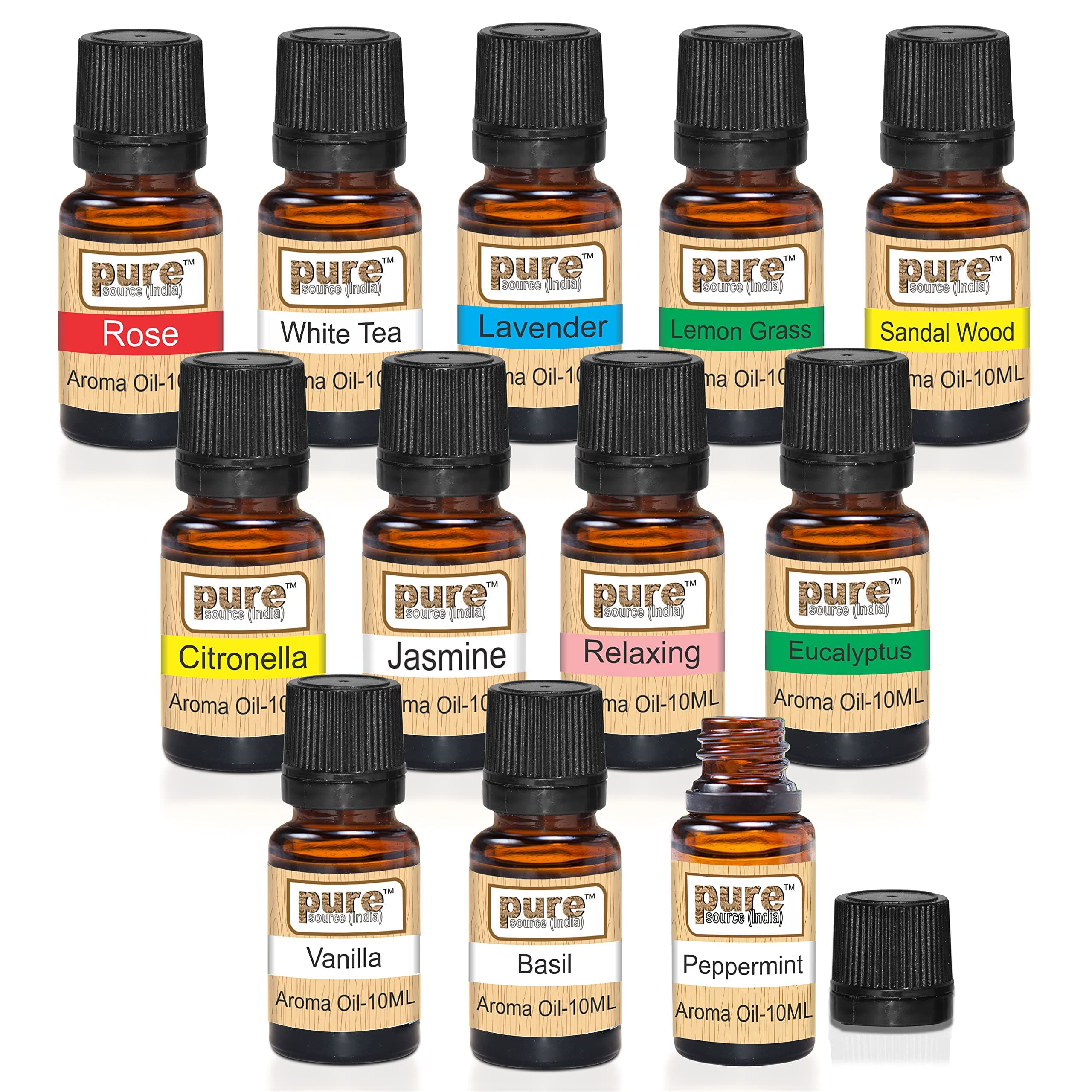 Pure Source India Aroma Essential Oil 12 In 1 Aroma Oil Pack (Lemon Grass; Lavender; Jasmine; Rose; Citronella; Eucalyptus; Peppermint; Sandal Wood; Relaxing; Vanilla; White Tea and Basil 10 ml Each)