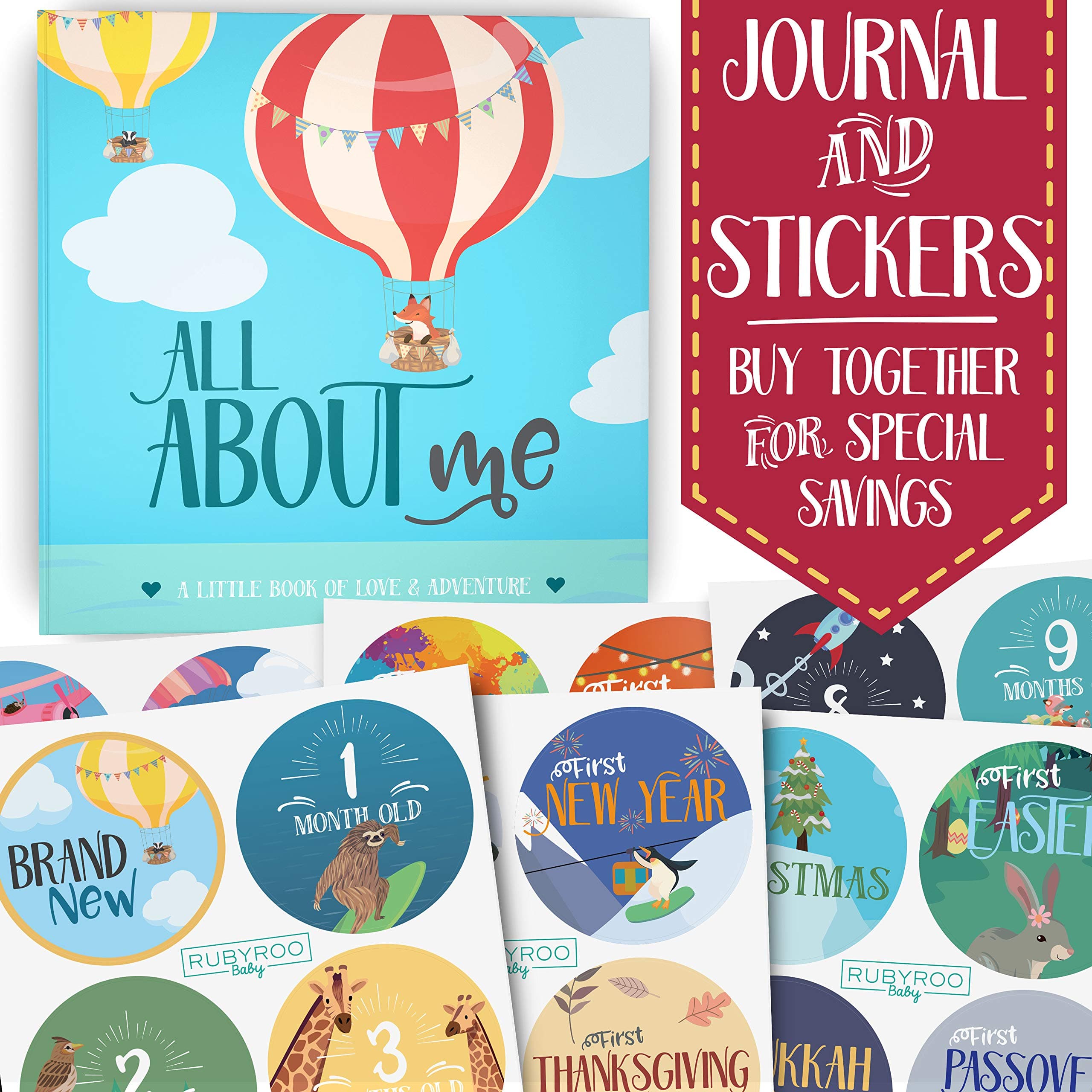 RubyRoo Baby Memory Book Baby Journal w/ 28 Stickers - Baby Book of "Firsts" - Baby Book Memory Gifts - 5 Year Journal - Baby Keepsake - Baby Boy or Girl Album - Newborn Baby Photo Albums - Adventure