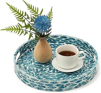 CLAYNIX Serving Tray 12.5 Inch, Lacquer Mother of Pearl Inlay Mosaic Tray, Round Wooden Marble Tray with Handles Trays for Tea, Breakfast (Flower Style)