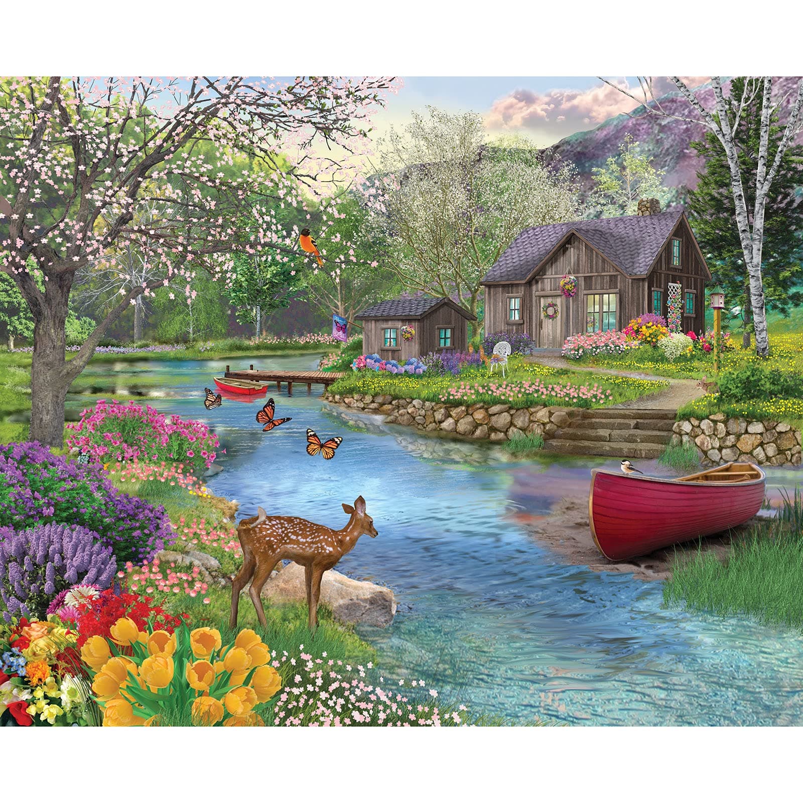 Bits and Pieces - 500 Piece Jigsaw Puzzle for Adults 46cm x 61cm - Spring Cabin - 500 pc Forrest River Boat Pier Flower Tree Nature Bloom Jigsaw by Artist Bigelow Illustrations