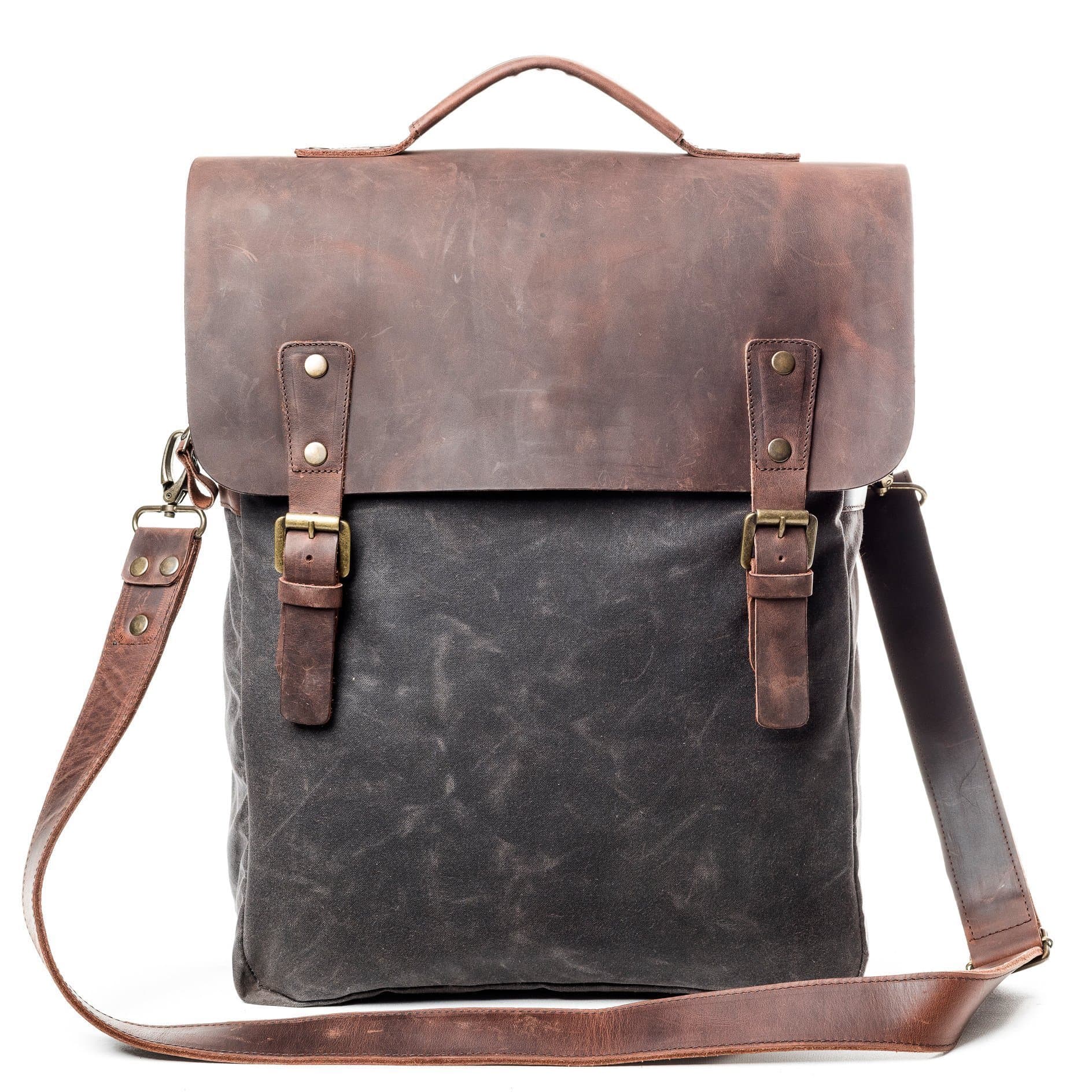 Vintage Handmade Slim Flap Backpack - Made From Waxed Canvas & Leather - High Quality Retro Laptop Rucksack With Waterproof Lining For Men And Women