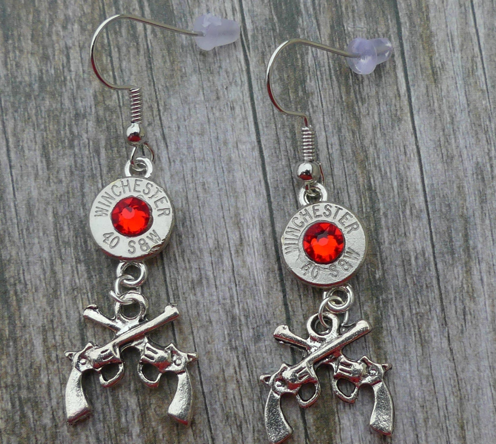 Winchester Bullet 40 Caliber Earrings with Double Gun Charm Light Siam Swarovski.