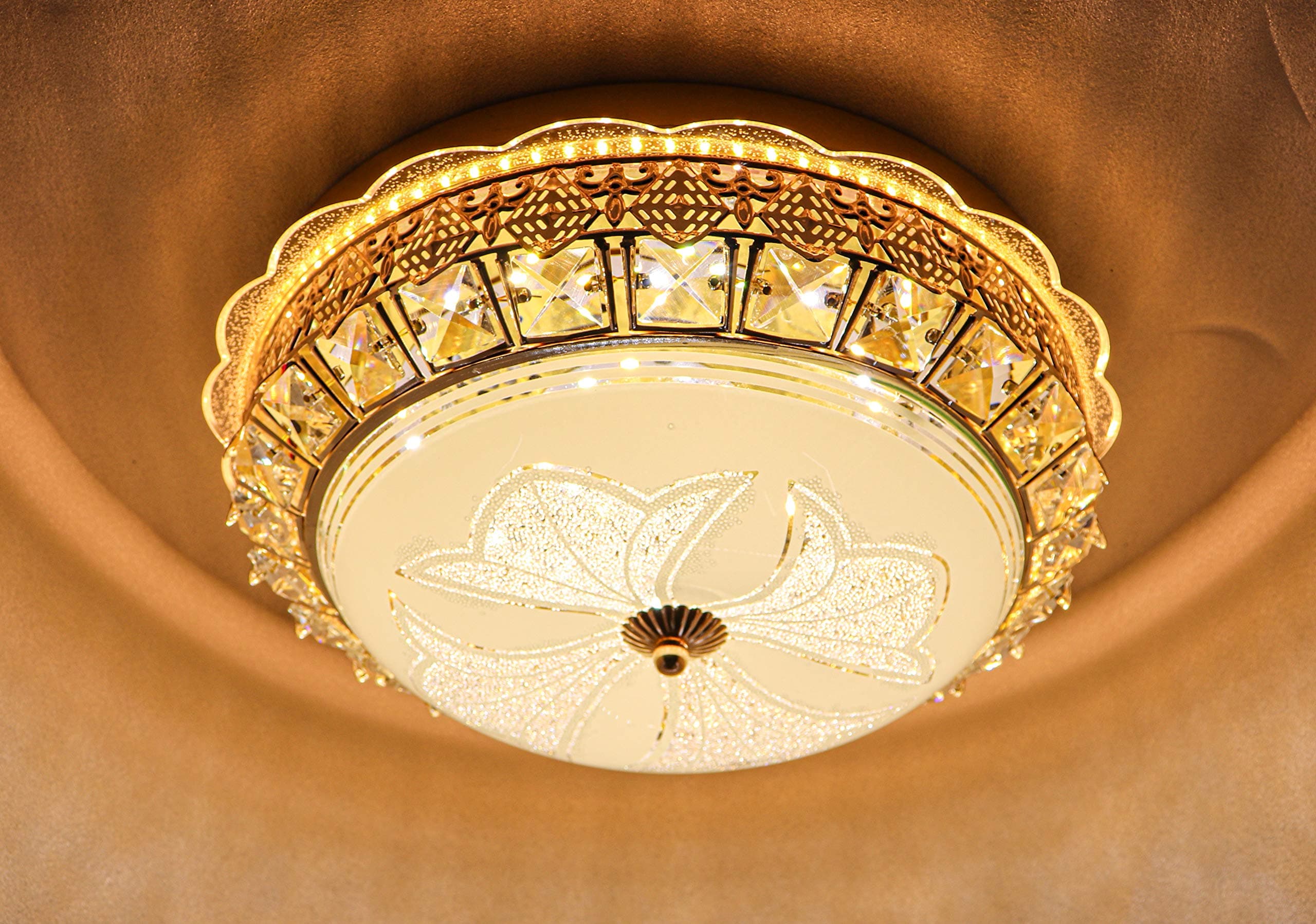 swanart GlisterX2 Modern K9 Crystal Ceiling Light with Remote-Controlled Dimmable LED Lights, Bluetooth Music System, and Color-Changing Function – Elegant Gold Design for Living Rooms and Bedrooms