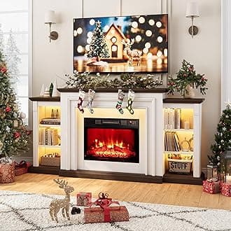 72" LED Electric Fireplace with Mantel, Fireplace TV Stand for 80 Inch TV, Modern Entertainment Center with Storage, Delicate Three-Dimensional Molding with Remote Control for Living Room