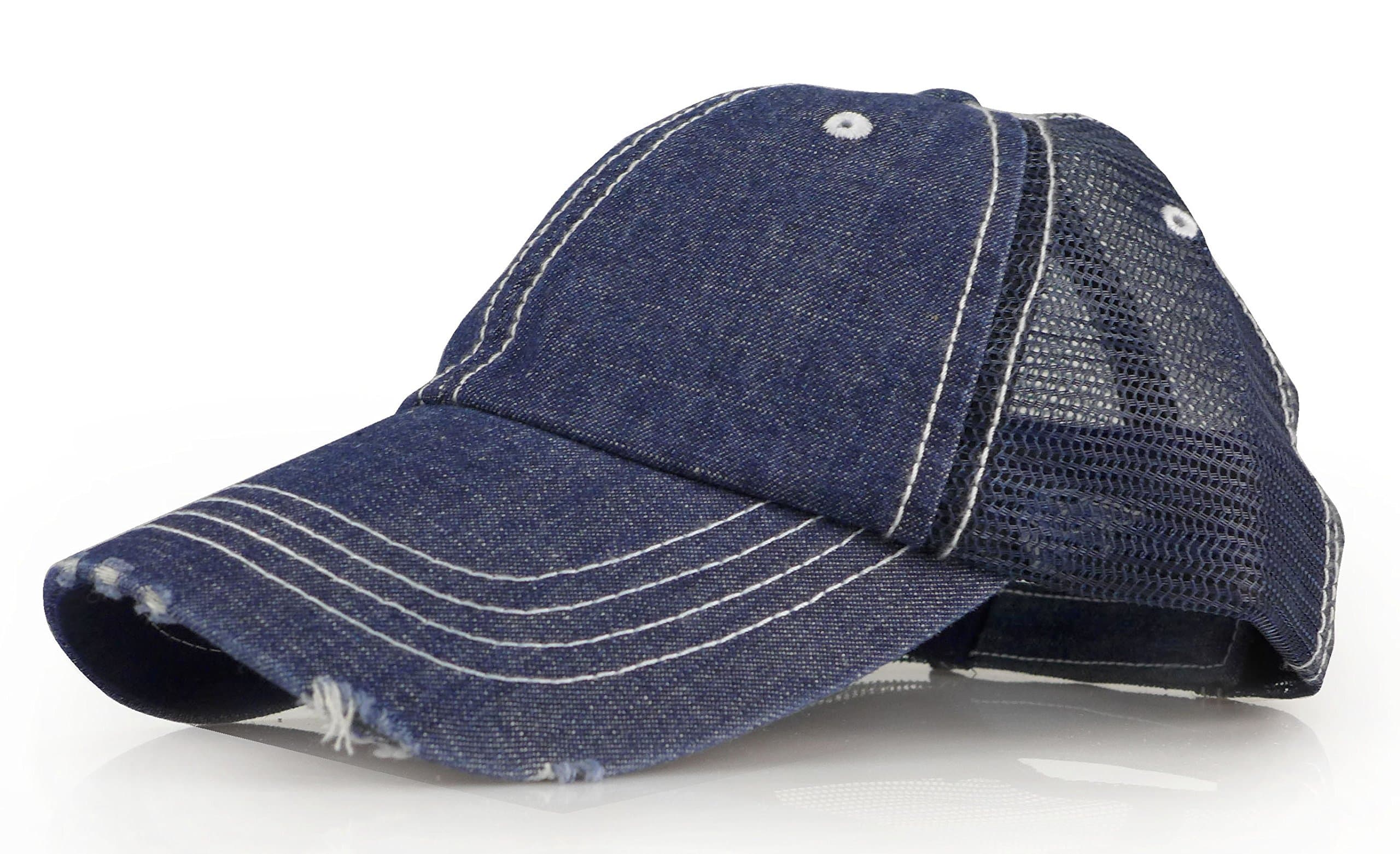 Baseball Trucker Distressed Vintage Denim Mesh Adjustable Cap (Denim Navy)