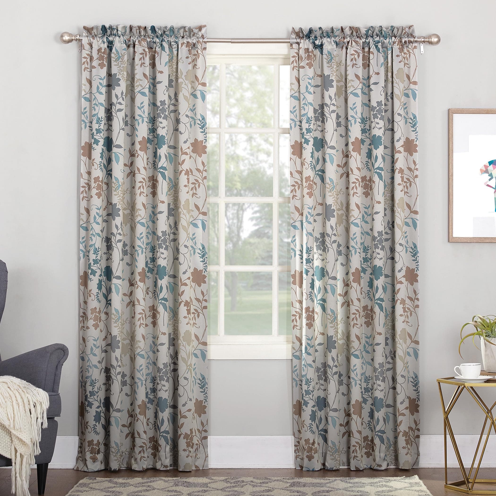Sun Zero Curtain Panel Kara Floral Print Energy Efficient Rod Pocket Single, Stone , 54 in x 84 in Panel , 43520