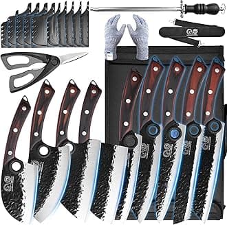Professional Serbian Chef Knife Set with Roll Bag, Japanese Culinary Knives, Meat Cleaver, Kitchen Chopping Knife, and Protective Sleeves, Perfect for Home Cooking or Outdoor Camping (13)