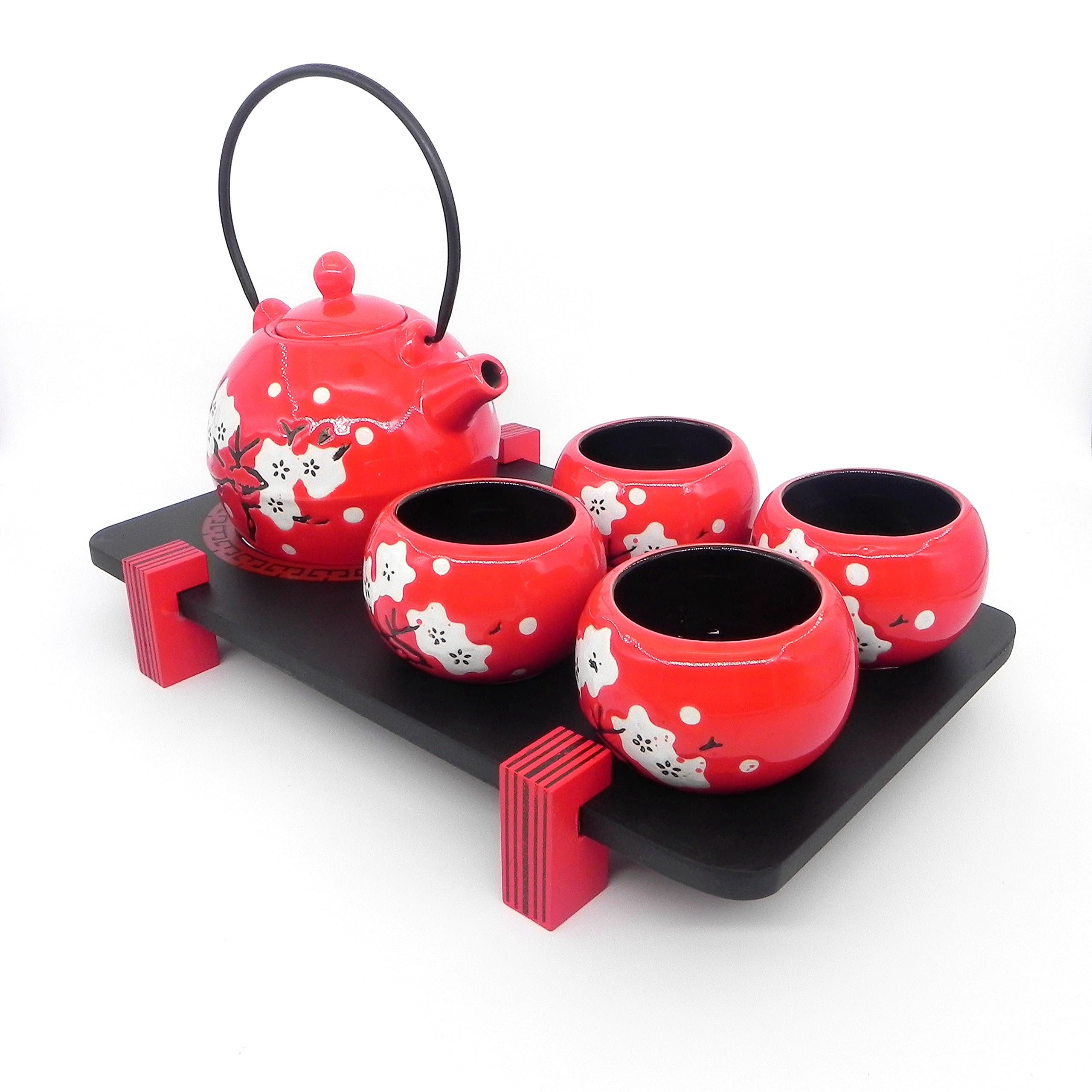 Ashbur Craftmanship 7 Piece Japanese Ceramic Tea Set, Ball-Shaped Style White Cherry Blossom (Red)