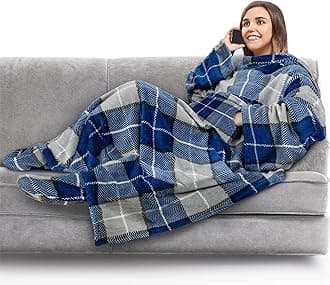 PAVILIA Fleece Blanket with Sleeves and Foot Pockets for Women Men Adults, Wearable Blanket Sleeved Throw Wrap, Plush Hug Sleep Pod Snuggle Blanket Robe, Cozy Gift Ideas Wife Mom, Plaid Navy Blue
