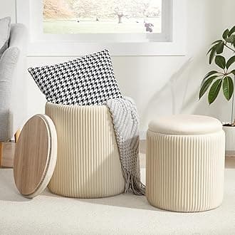 Round Ottoman with Storage Set of 2,Vanity Stool with Storage for Bedroom, Ottoman Coffee Table,Small Velvet Foot Stool for Living Room, Beige