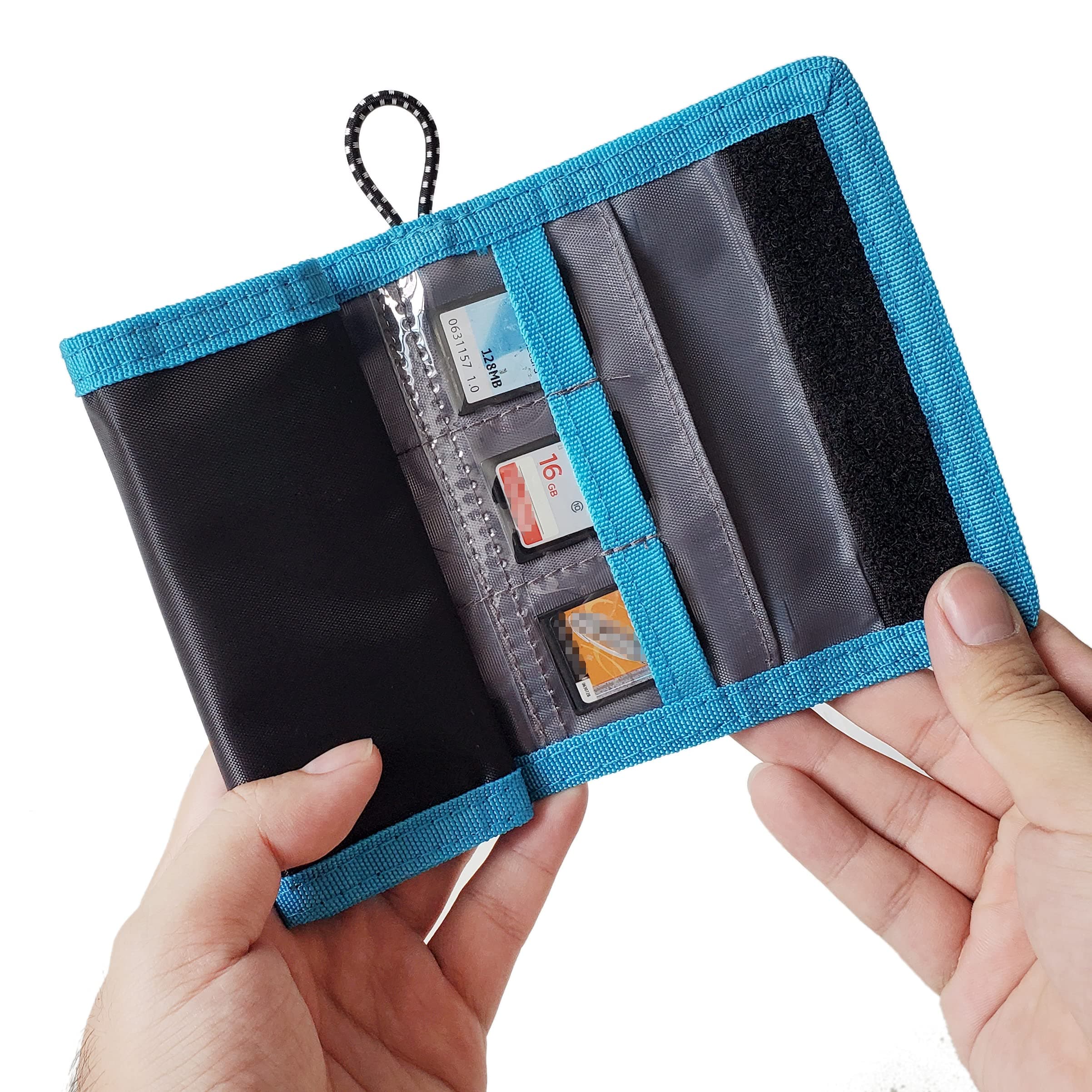 Memory Card Wallet - SD Card Storage - Slim and Foldable with Transparent Slots - Can Carry Up To 15 SD Cards - Straps with Tether Included - (Black/Blue)