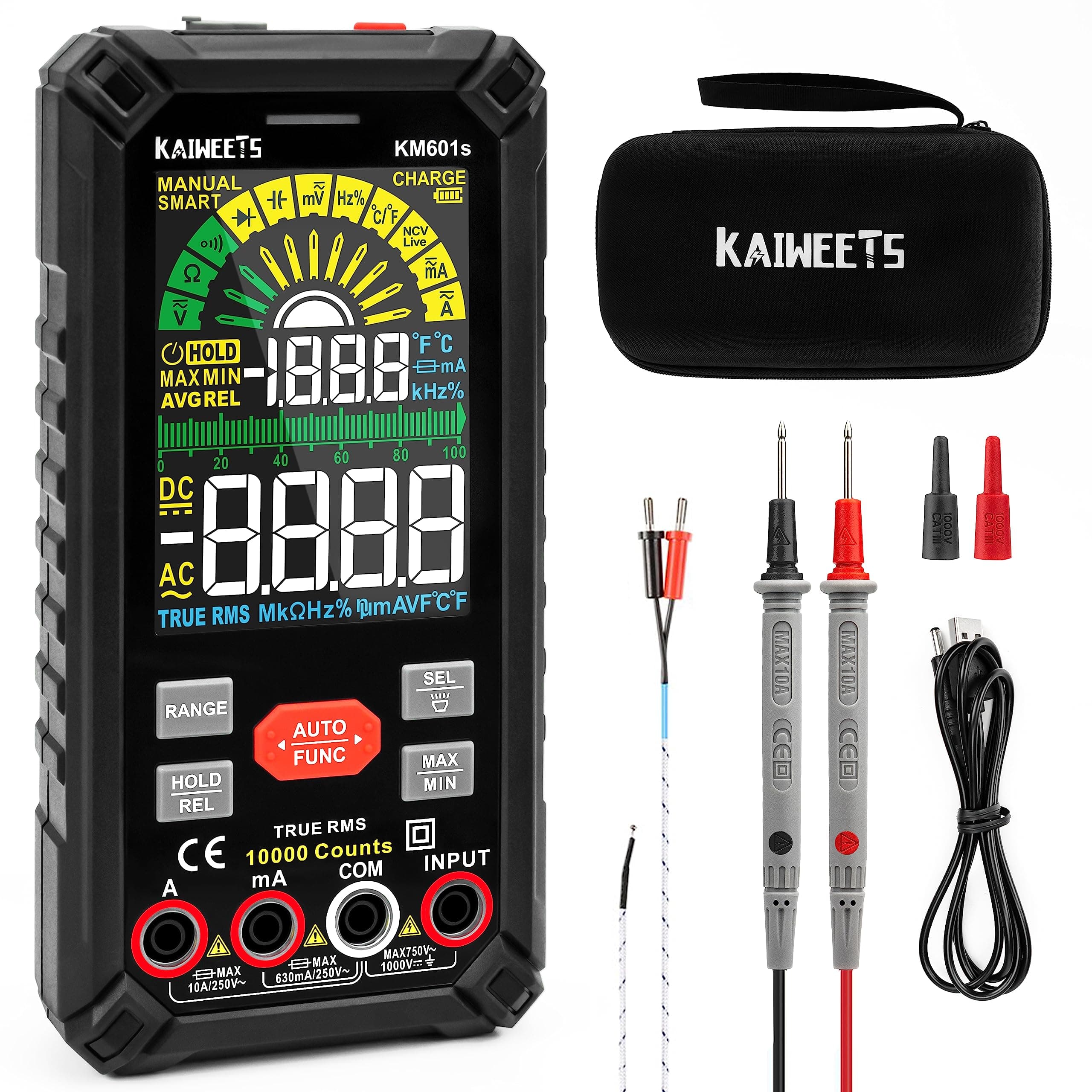 KAIWEETS KM601s Rechargeable Tester 10000 Count Large Screen Smart Multimeter Digital DC/AC Voltage Resistance, Conduction, Current, Capacitance, Diode, Duty Ratio, Temperature Measurement