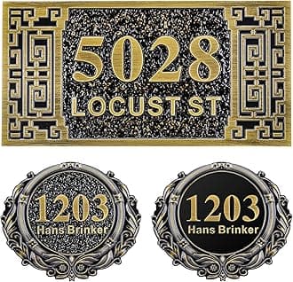 Personalized Cast Address Sign House Number Home Address Plaque 12 Inch, Custom Steet House Number Sign, Metal or Acrylic Antique Brass for Outside Vintage