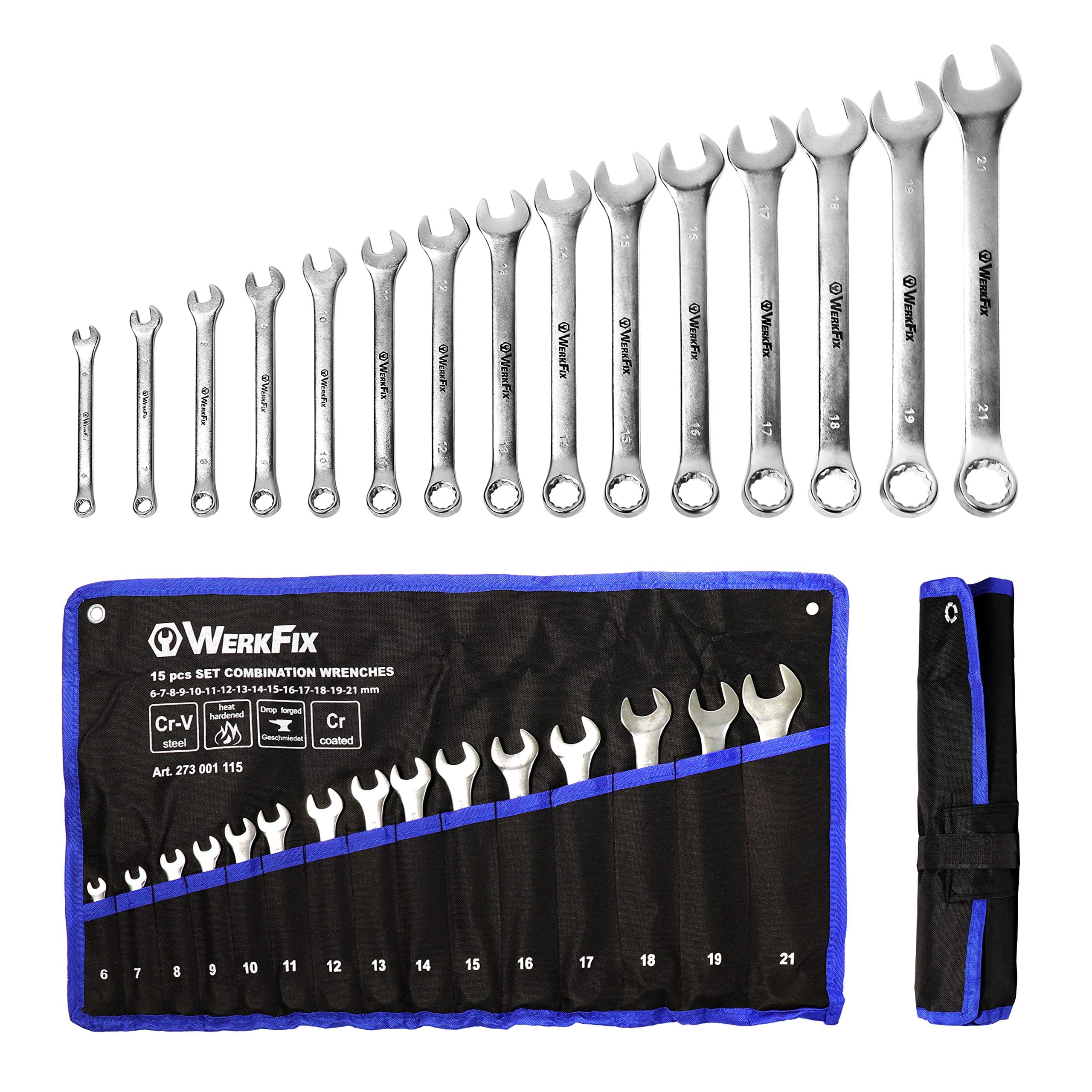 S&R WERKFIX Combination Spanner Set – 15 Ring Spanner 6-21 mm Combination Spanners + Carry Bag