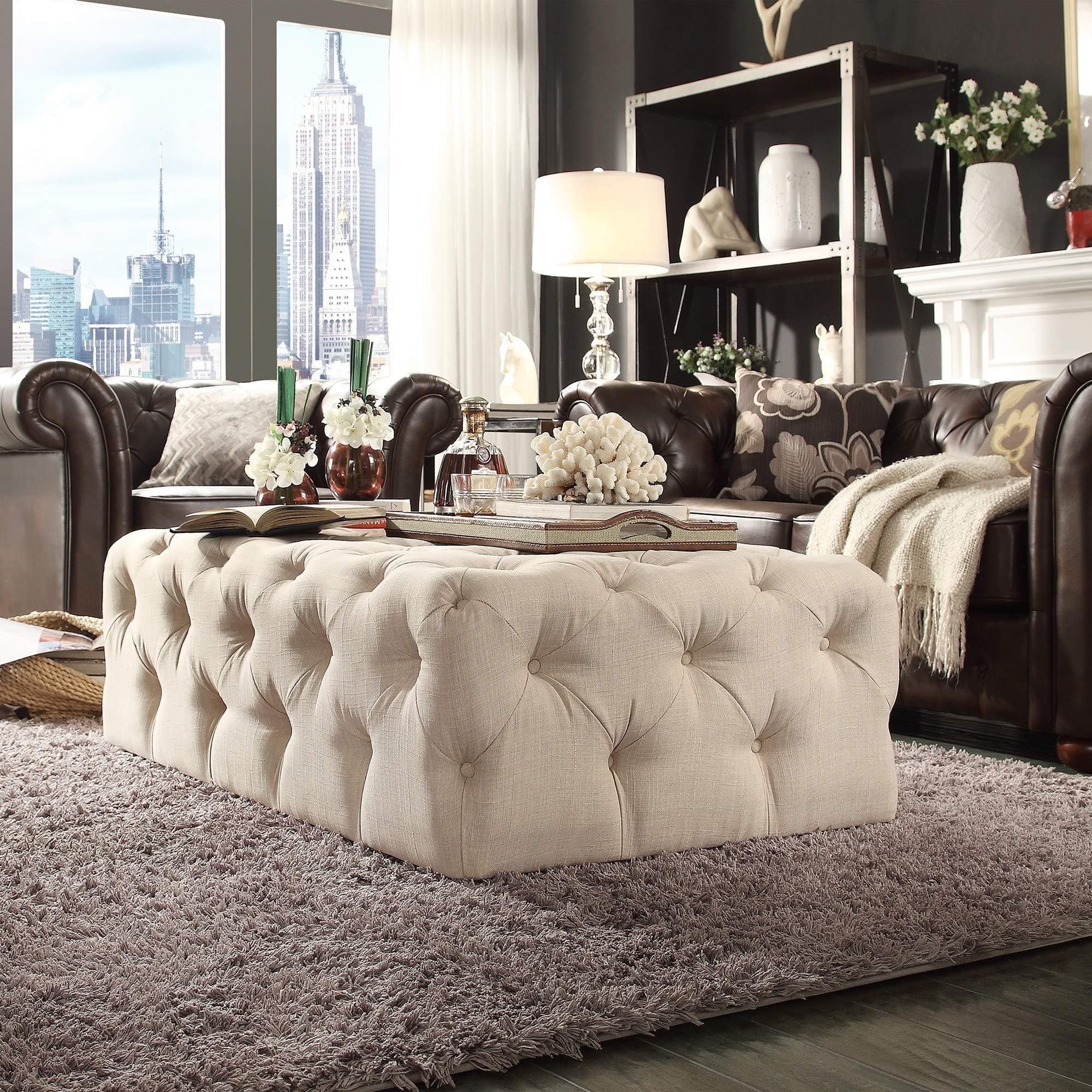 Tribecca Home Knightsbridge Rectangular Linen Tufted Cocktail Ottoman with Casters Beige Beige Finish