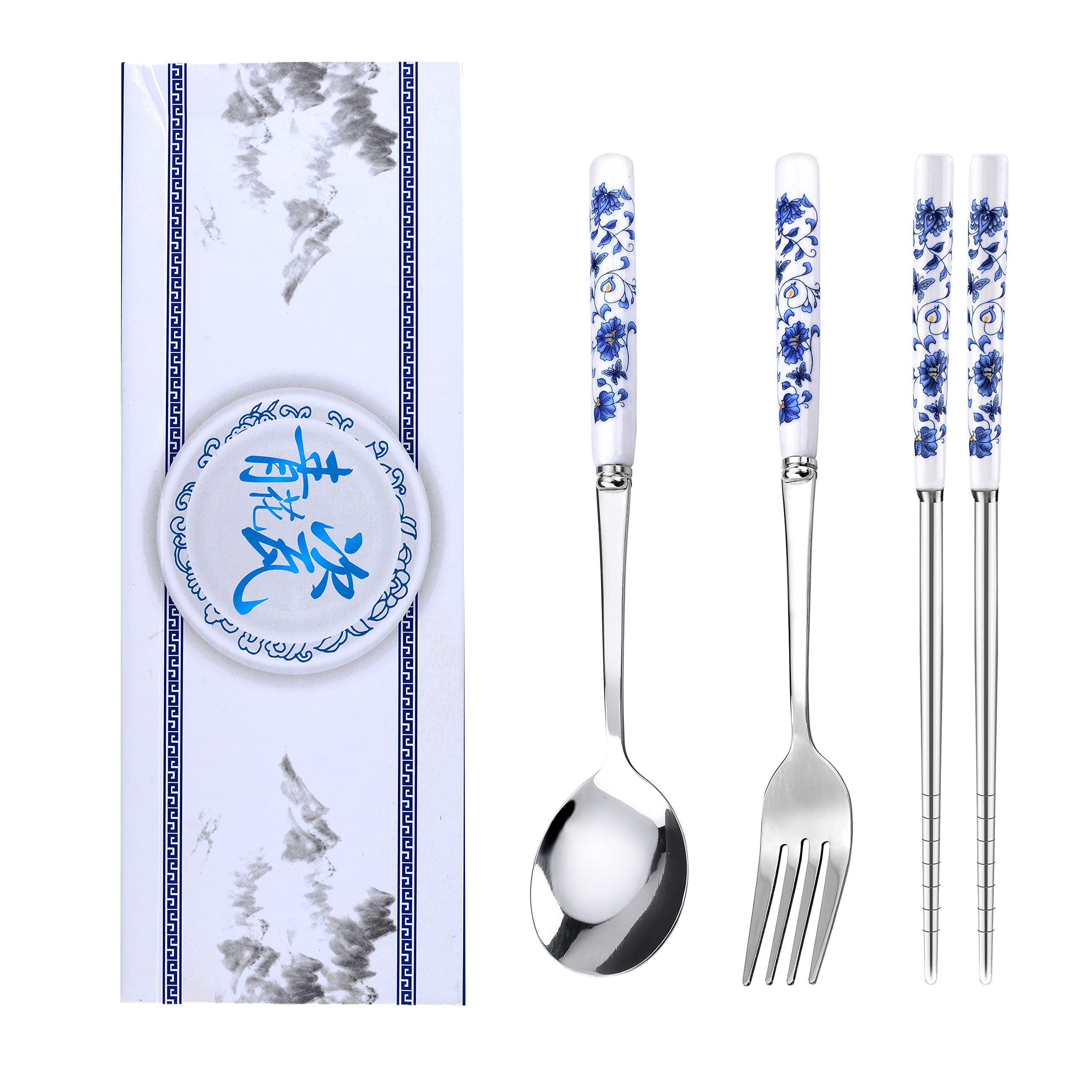Elegant Stainless Steel Spoon, Fork and Chopsticks Set with Blue-and-white Porcelain Handle, Classic Chinese Style, Gift-packaged as Perfect Gift for Share