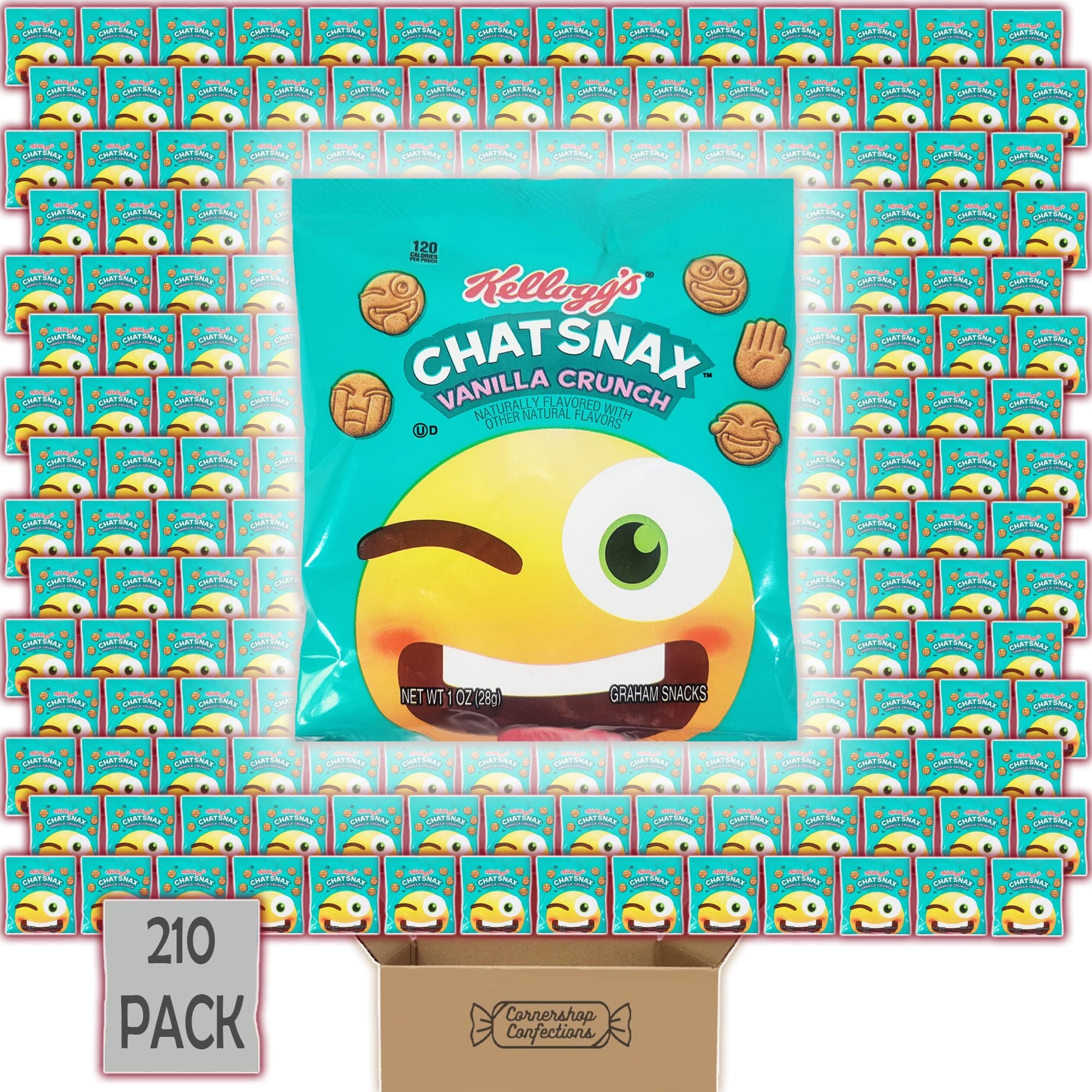 Chat Snax Vanilla Crunch Graham Crackers Bulk Pack - 210 Individually Sealed 1oz Bags - For Lunch Boxes, Car Rides, Sporting Events, Work Desk, Gym Bag, Quick Snack - In A Cornershop Confections Pack
