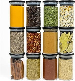 12 Black Bamboo Spice Jars - 8.5oz Large Spice Jars with Bamboo Lids - Seasoning Glass Jars with Airtight Lids - Spice Jars Black Lids Bamboo Containers Herb Jars Spice Rack - Spice Organization