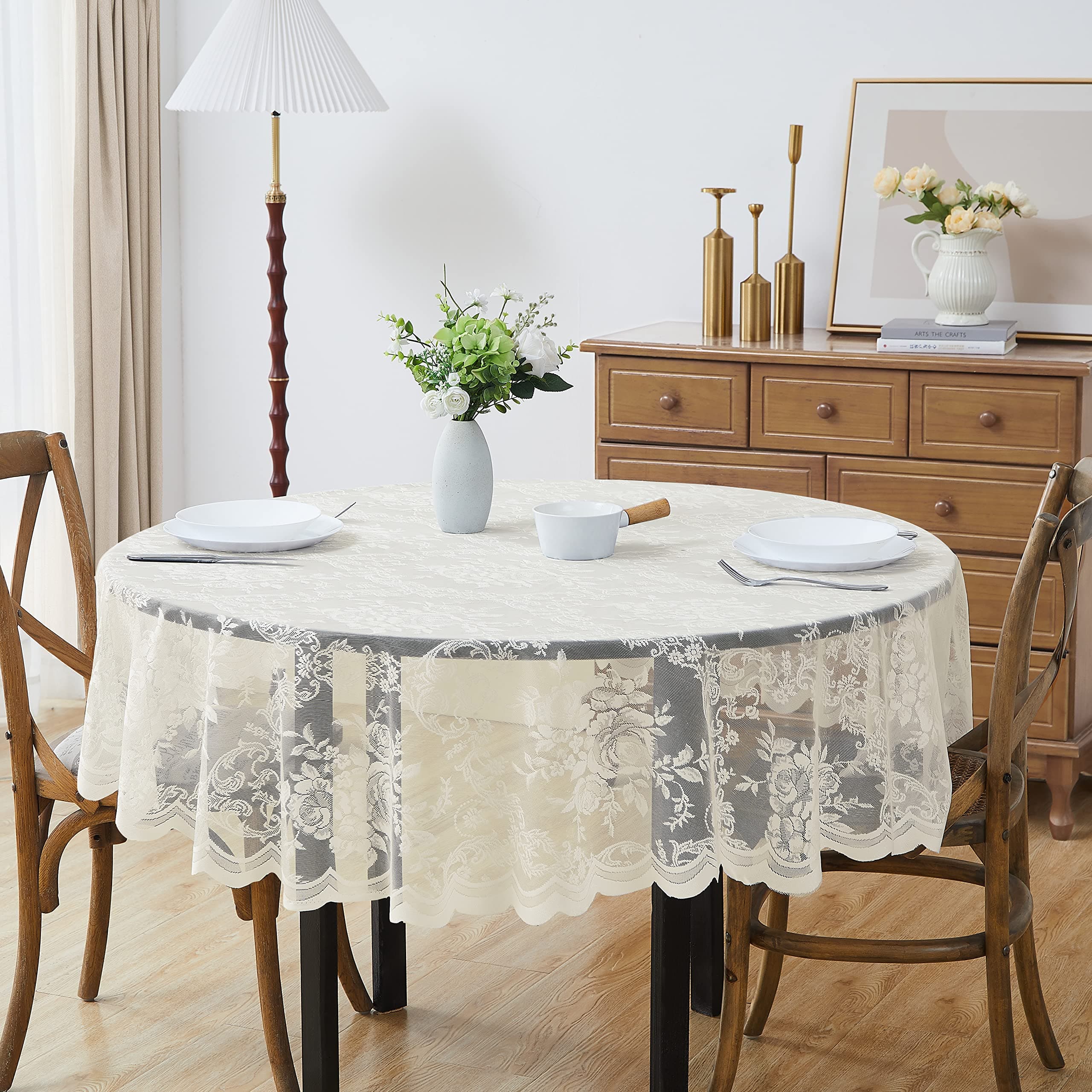 DECOPOTS Ivory Round 90 inches Diameter Lace Tablecloth | Round Tablecloth with English Rose Design | Dining Table Cover for 6-8 Guests (Ivory - Round - 90 ")