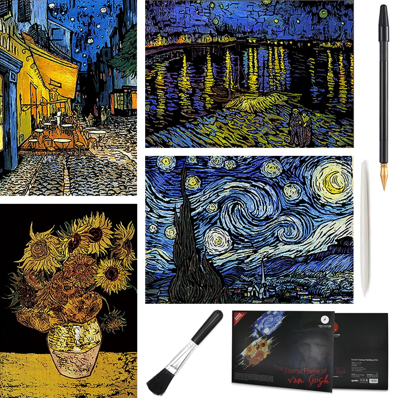 Scratch Art Painting 4 Pcs Vincent Van Gogh Scratch Rainbow Paper Set for Adults and Kids, DIY Sketch Card Engraving Craft Night View Scratchboard with 4 Tools - Cafe Terrace, Sunflowers, Starry Night