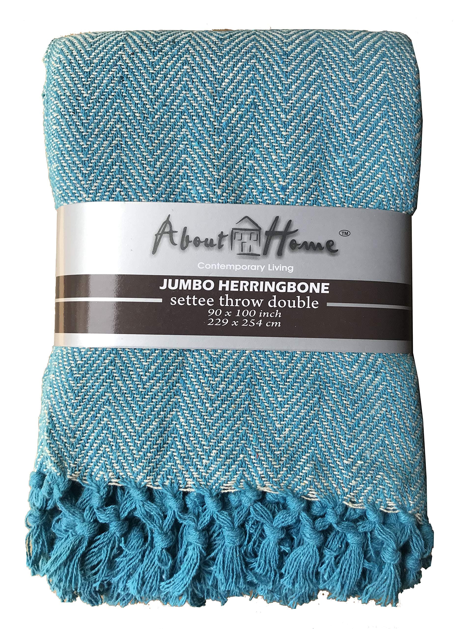 About Home Cotton Rich Herringbone Blanket Throw, Settee Cover (TEAL/Natural, 90"x100")