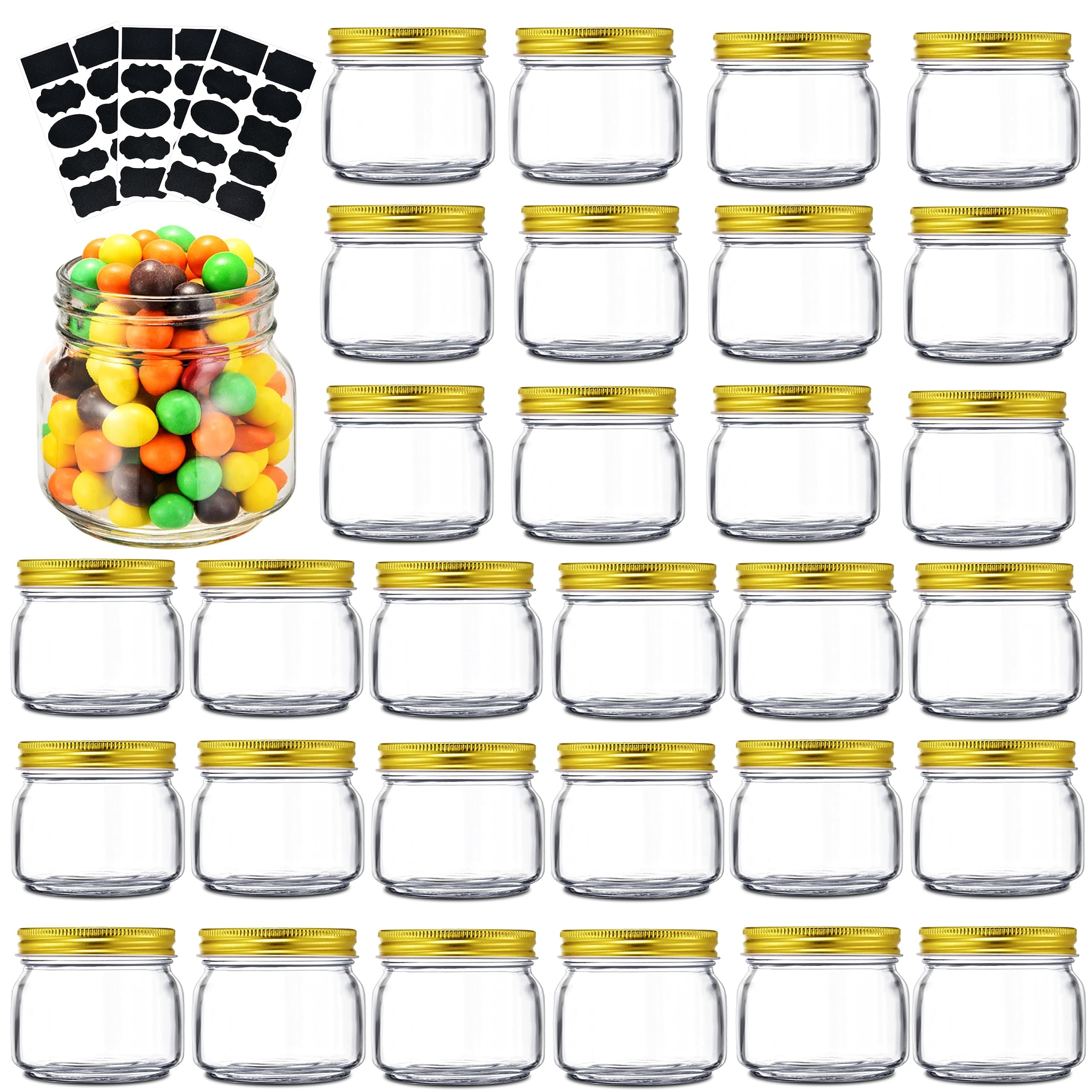 Rainforce Mason Jars 8 oz 30 Pack- Small Mason Jars With Gold Lids -1/4 Quart Canning Jars| Storage Pickling Jars For Jelly, Jam, Honey, Pickles, Spice - With 30 Chalkboard Labels