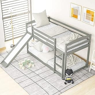 SOFTSEA Montessori Floor Bunk Bed Twin Over Twin Bunk Bed with Slide for Teens Low Bunk Beds Without Slats for Boys Girls